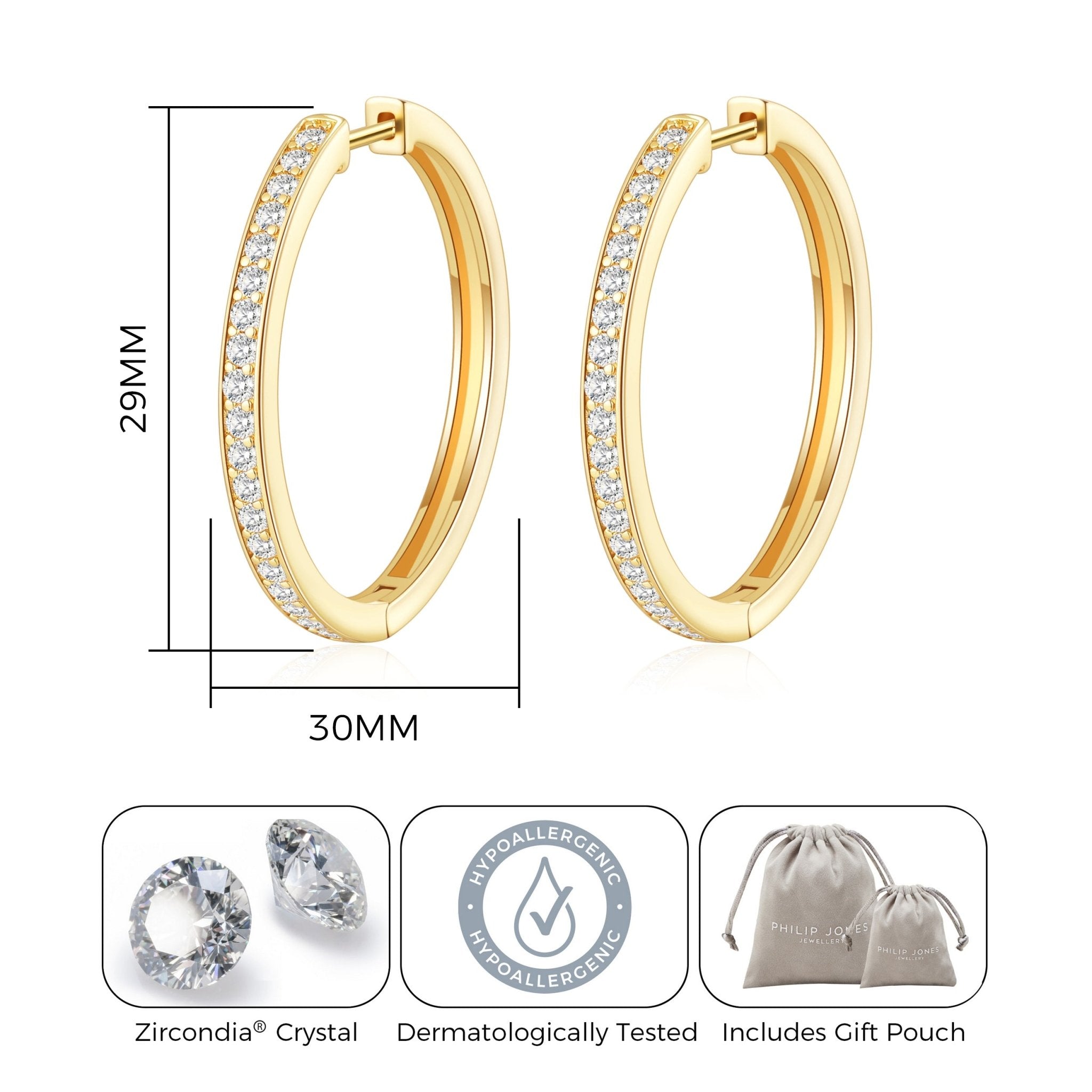 18k Gold Plated 30mm Hoop Earrings Created with Zircondia® Crystals