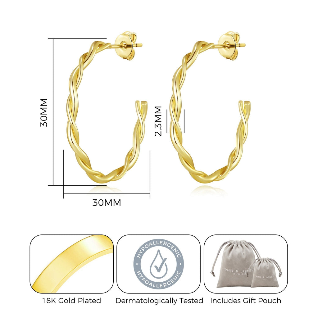 18k Gold Plated 30mm Twisted Hoop Earrings