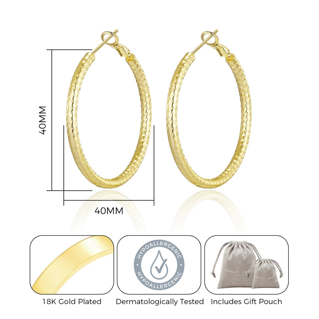 18k Gold Plated 40mm Diamond Cut Hoop Earrings