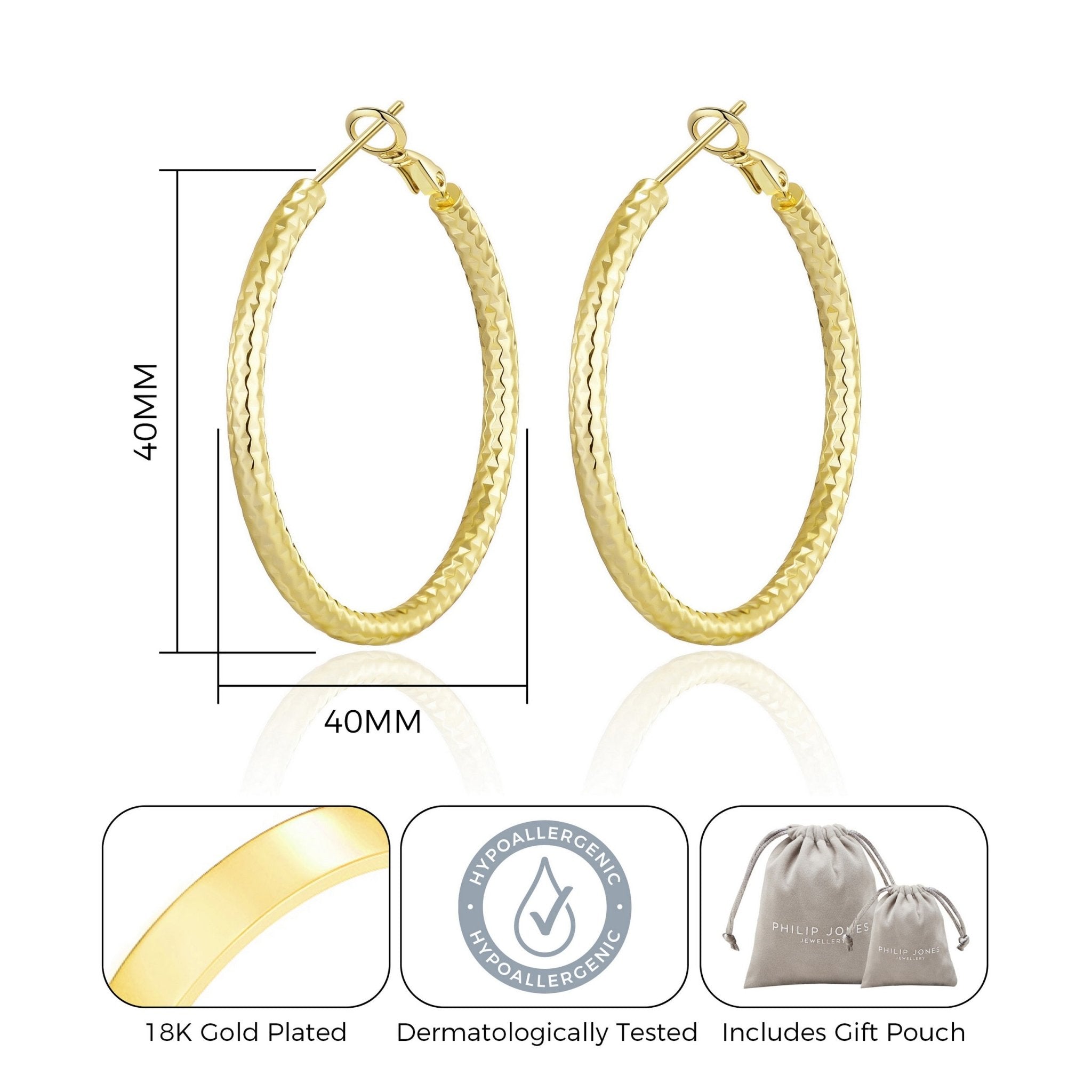 18k Gold Plated 40mm Diamond Cut Hoop Earrings