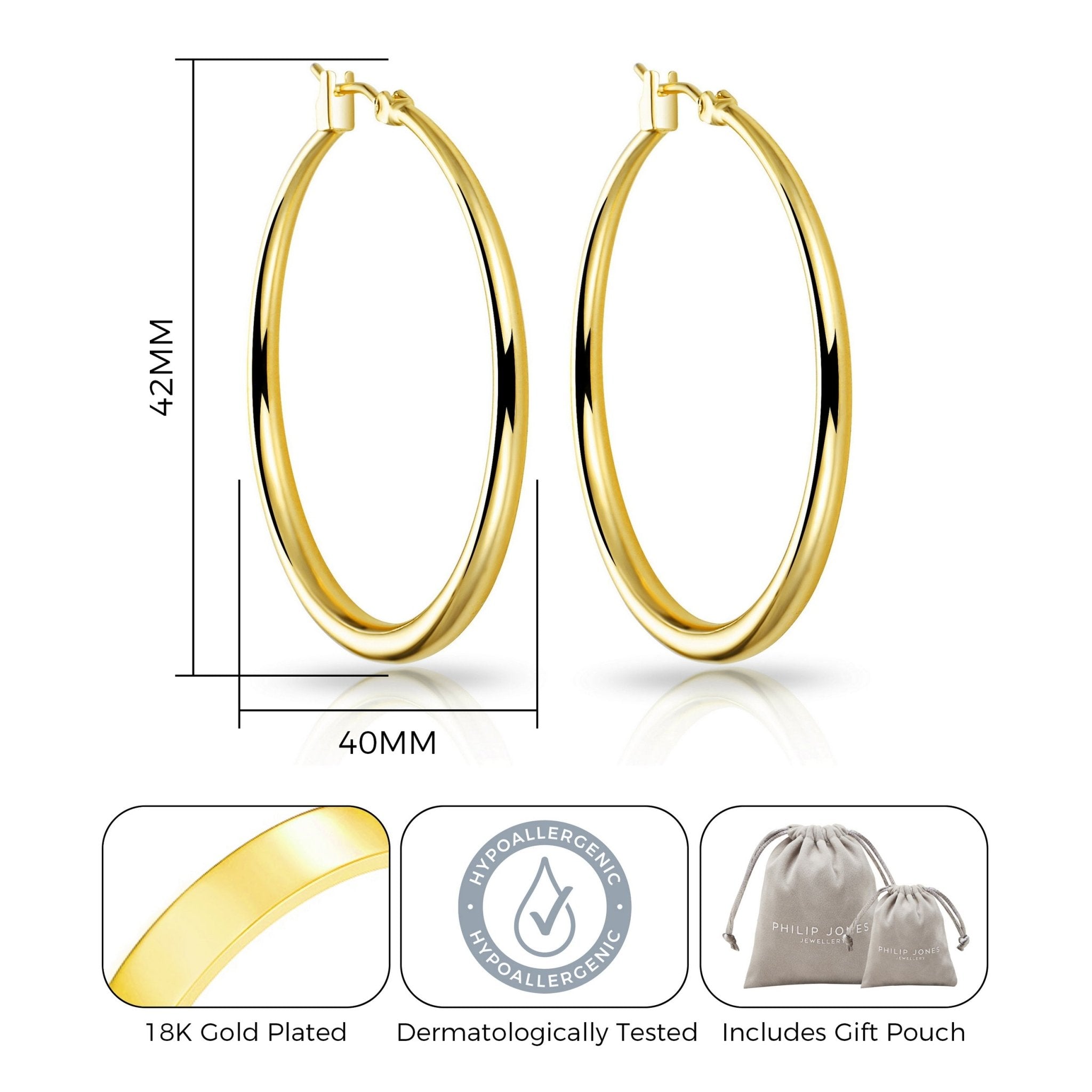 18k Gold Plated 40mm Hoop Earrings