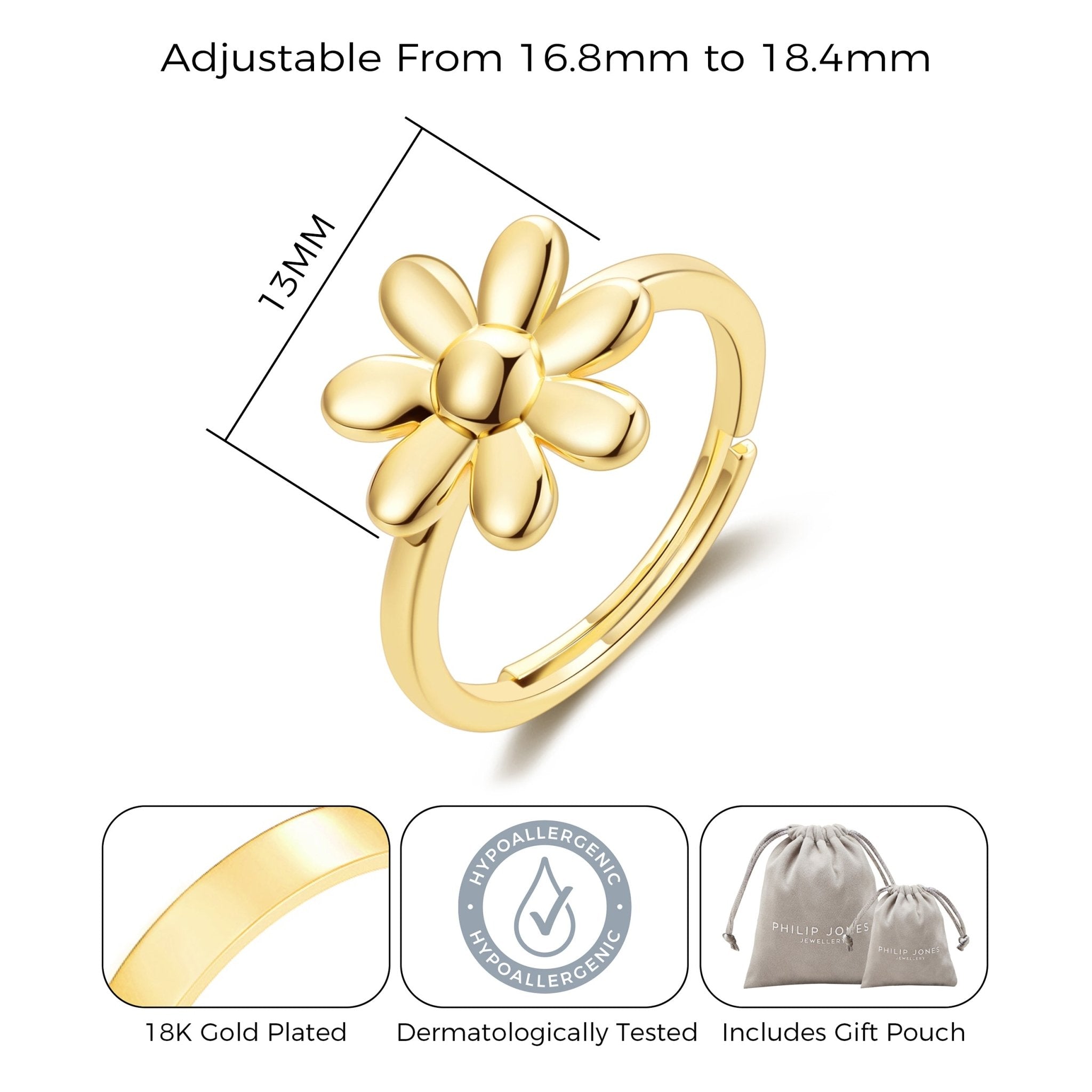 18k Gold Plated Adjustable Daisy Ring