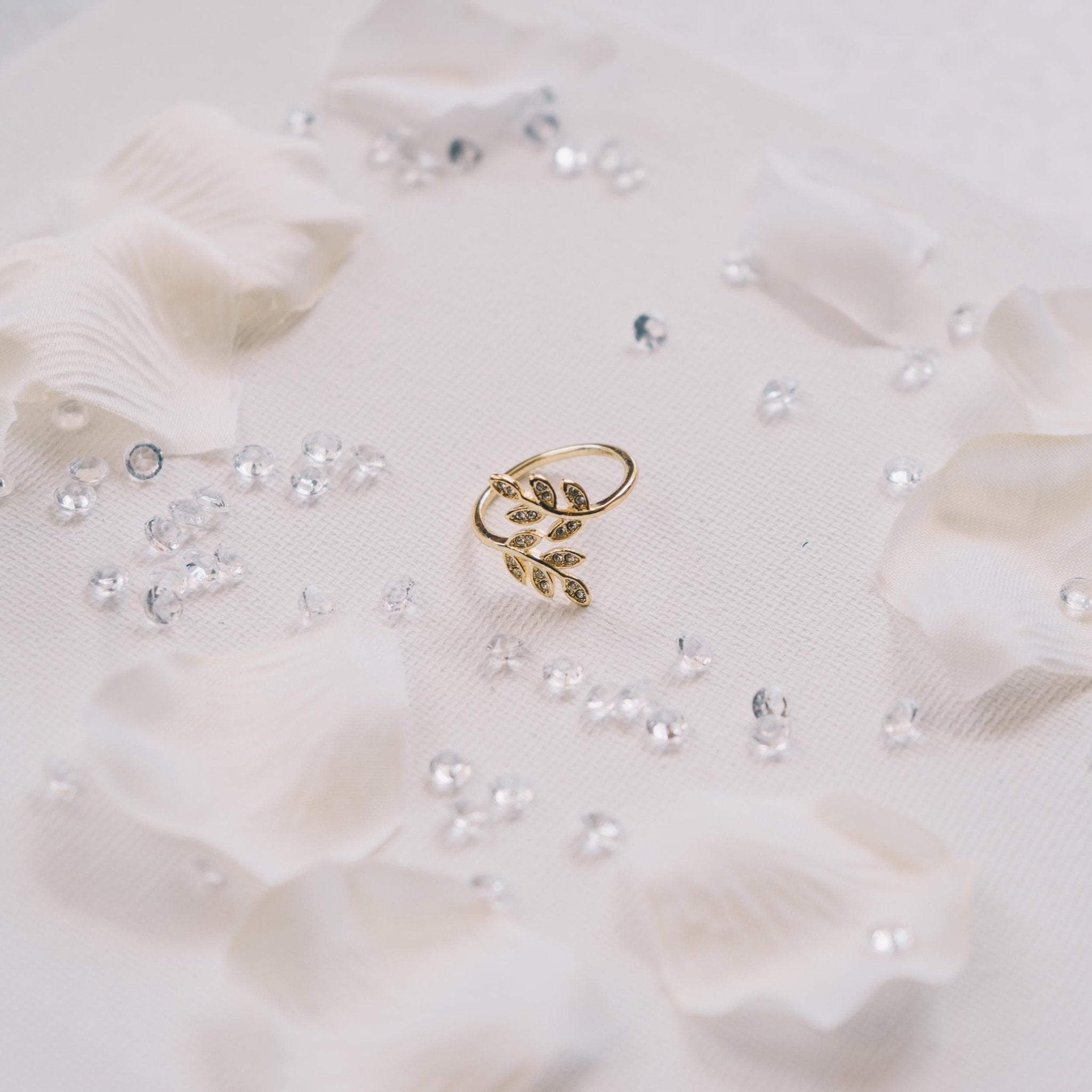 18k Gold Plated Adjustable Leaf Ring Created with Zircondia® Crystals