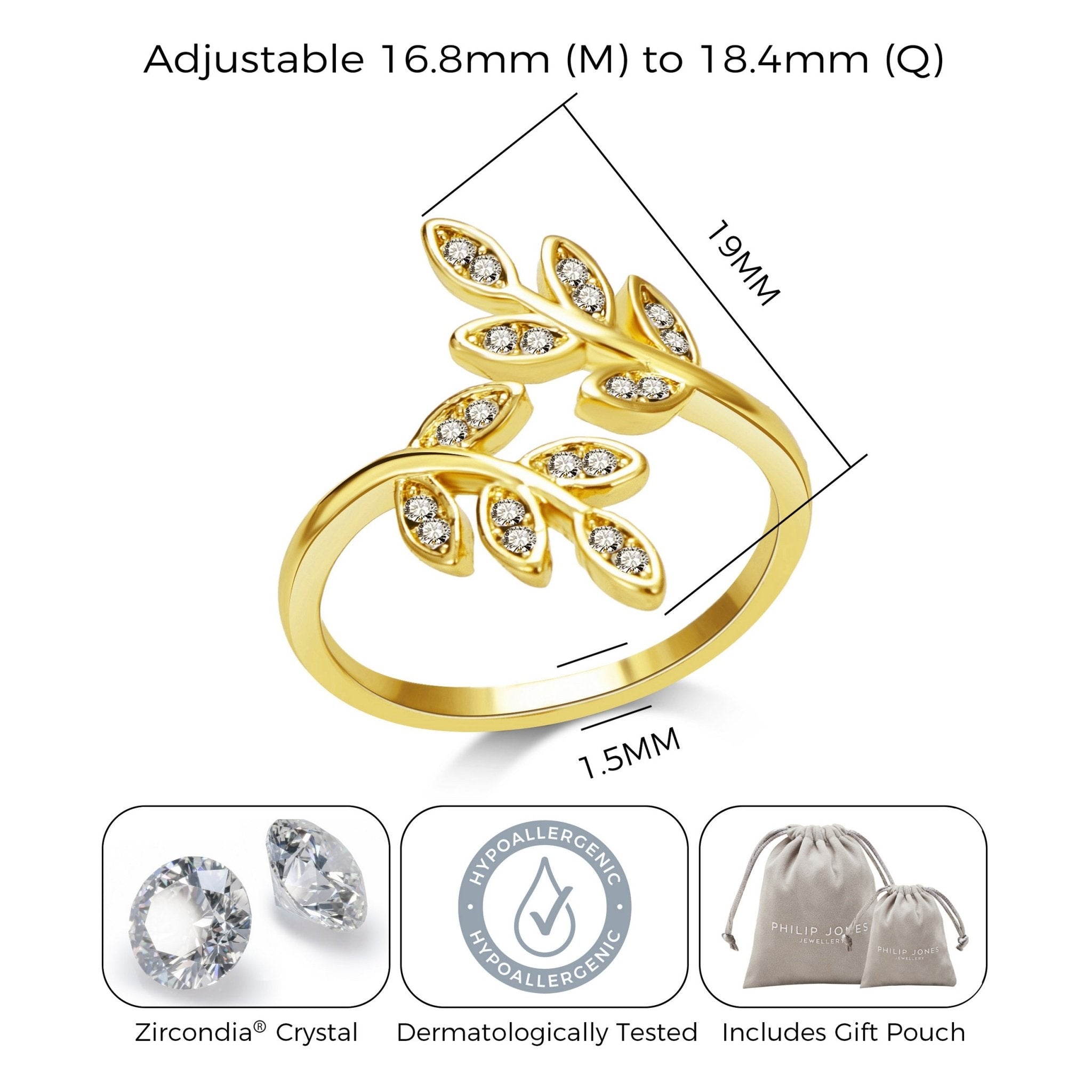 18k Gold Plated Adjustable Leaf Ring Created with Zircondia® Crystals