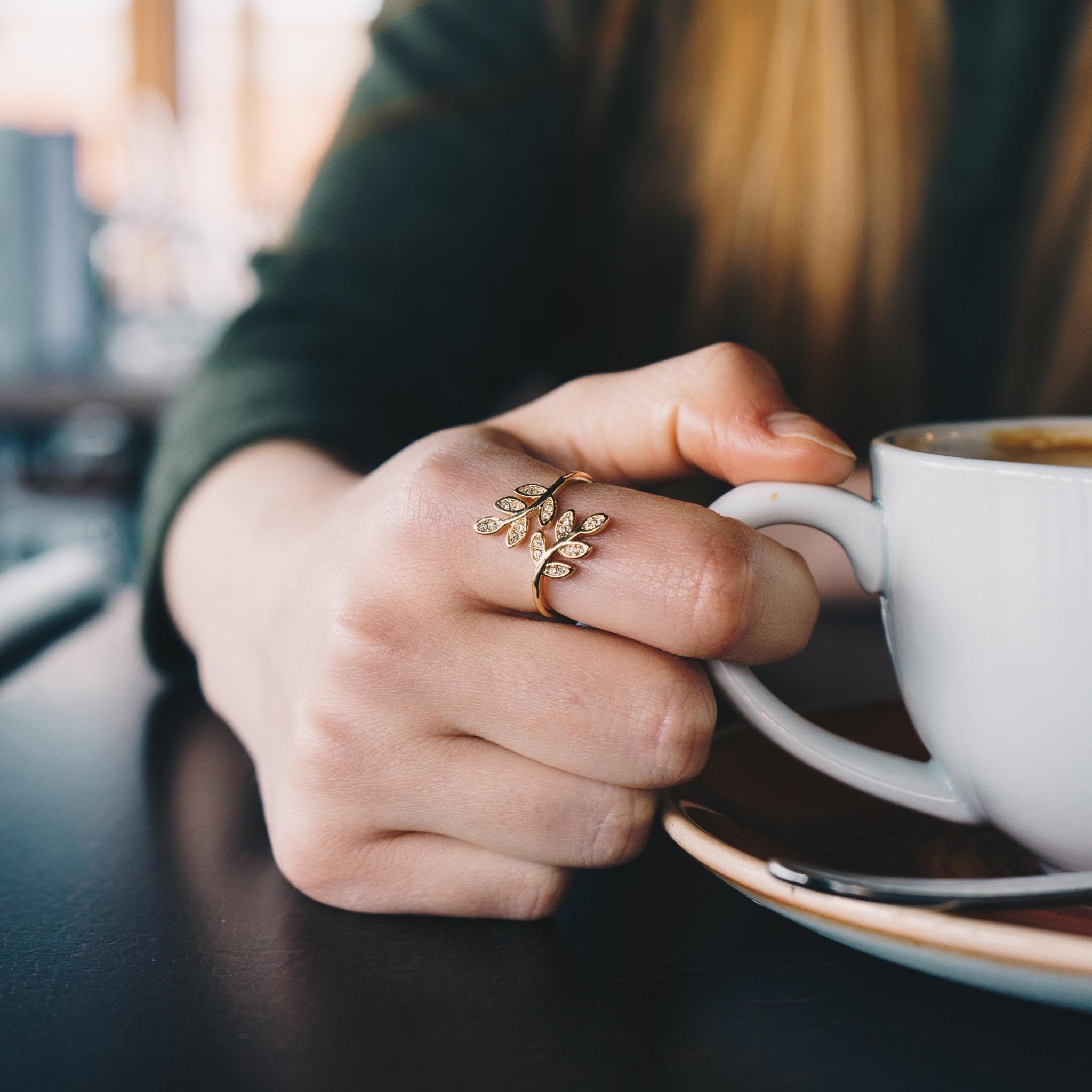 18k Gold Plated Adjustable Leaf Ring Created with Zircondia® Crystals