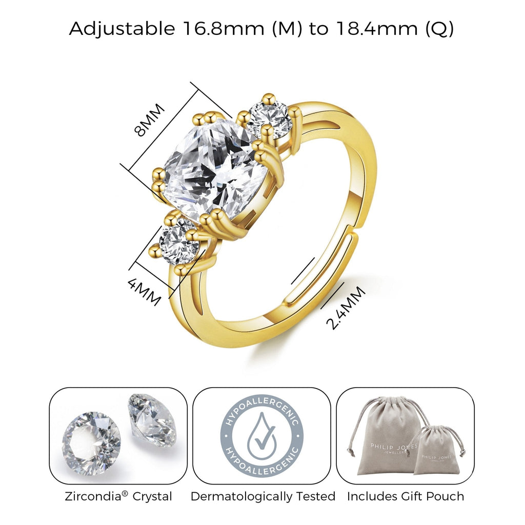 18k Gold Plated Adjustable Three Stone Ring Created with Zircondia® Crystals