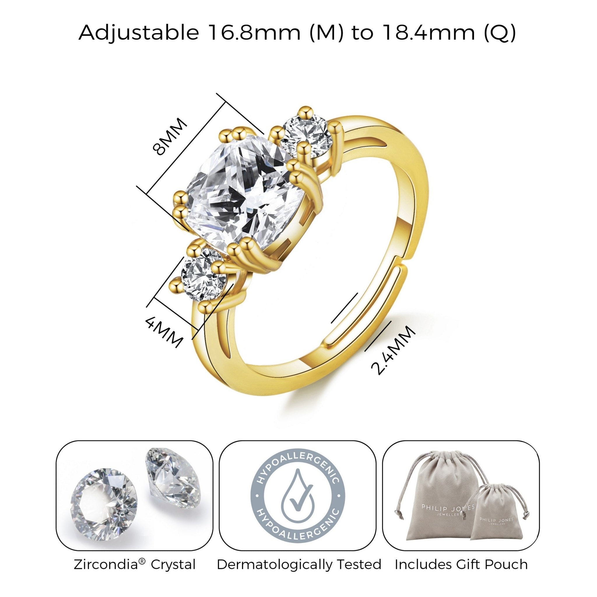 18k Gold Plated Adjustable Three Stone Ring Created with Zircondia® Crystals