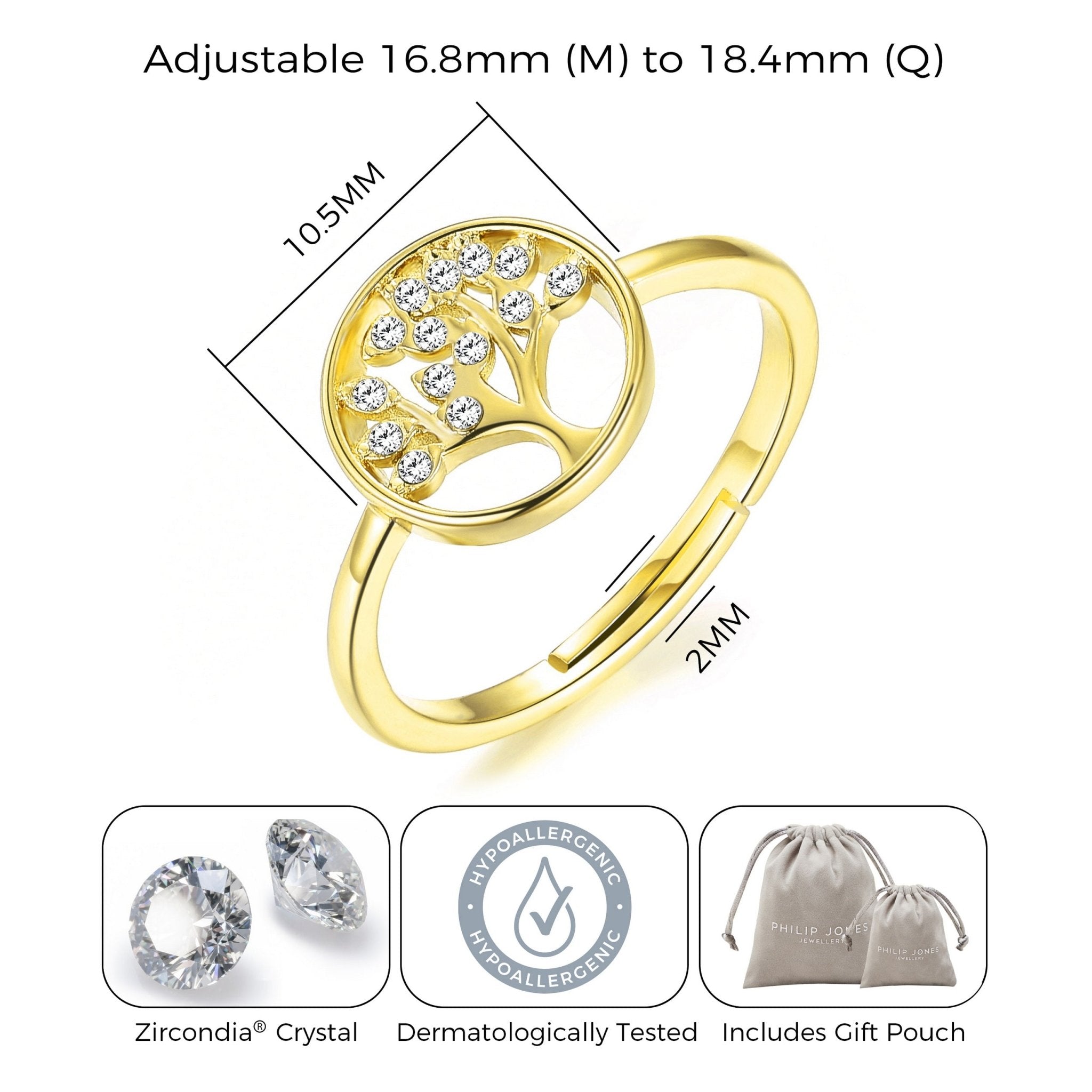 18k Gold Plated Adjustable Tree of Life Ring Created with Zircondia® Crystals
