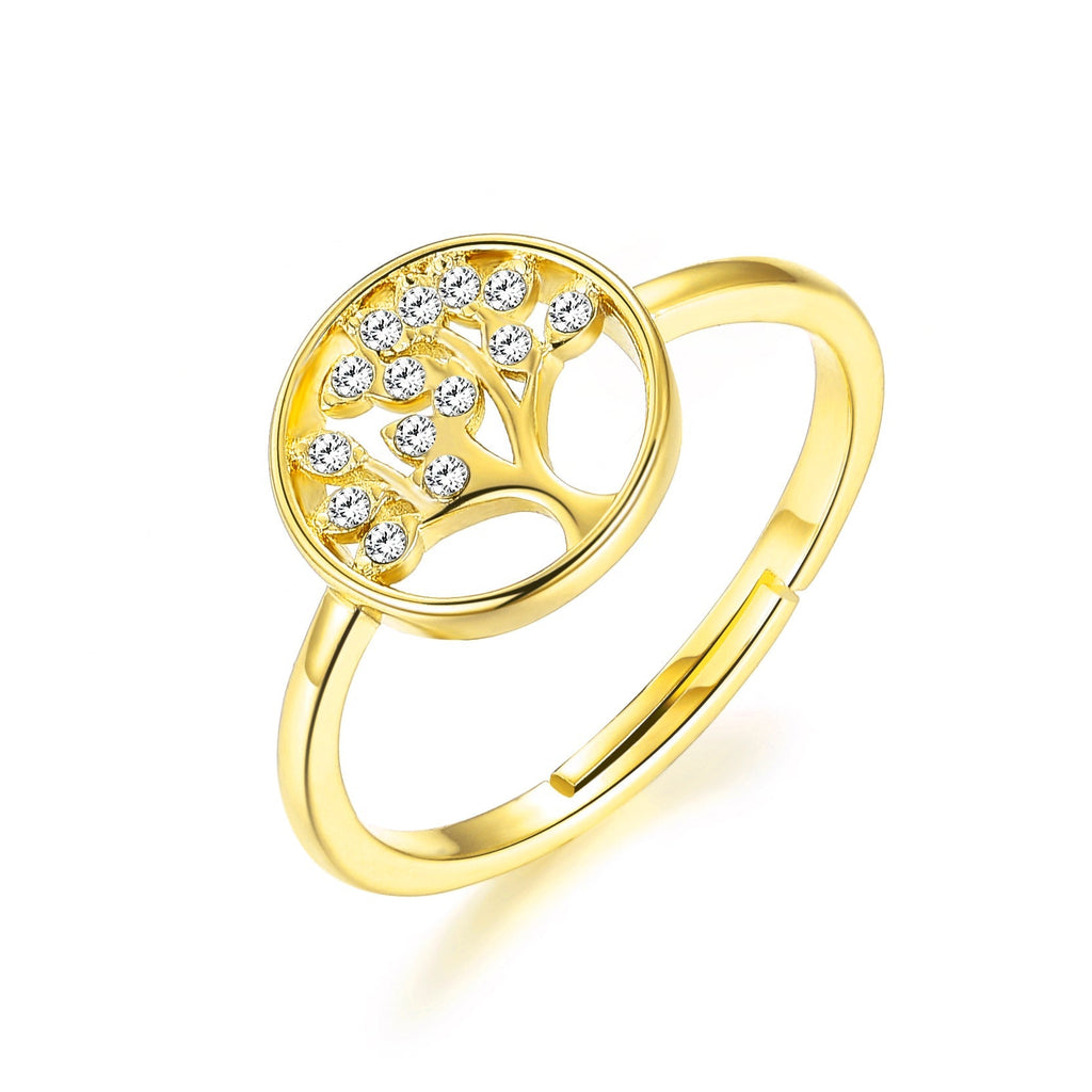 18k Gold Plated Adjustable Tree of Life Ring Created with Zircondia® Crystals