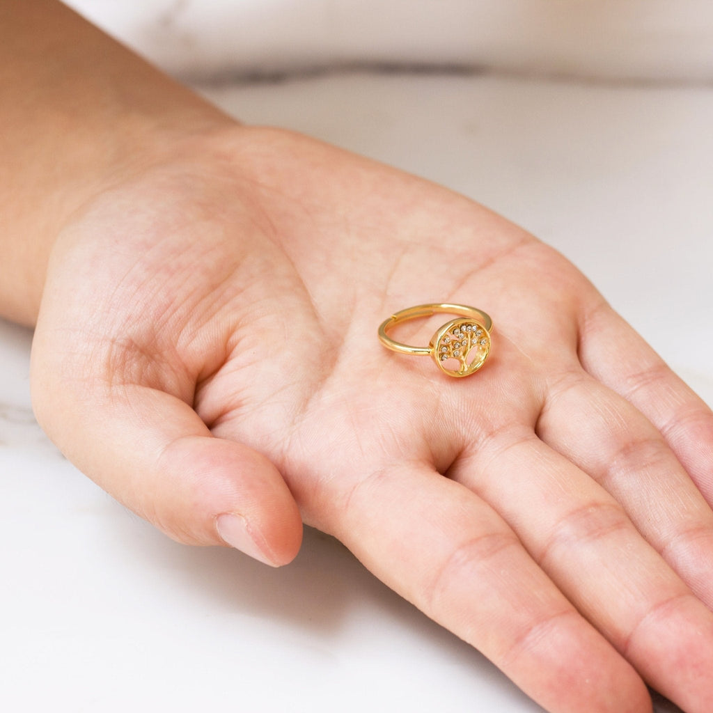 18k Gold Plated Adjustable Tree of Life Ring Created with Zircondia® Crystals