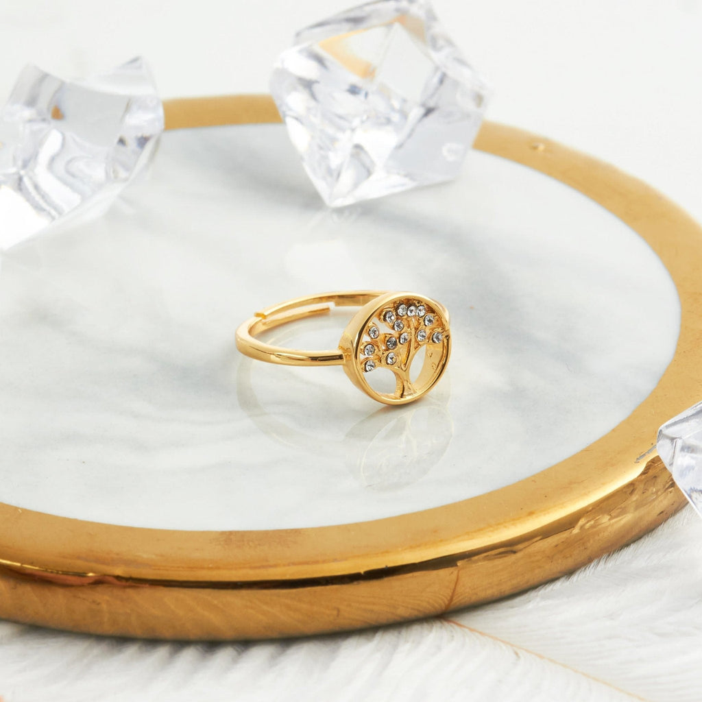 18k Gold Plated Adjustable Tree of Life Ring Created with Zircondia® Crystals
