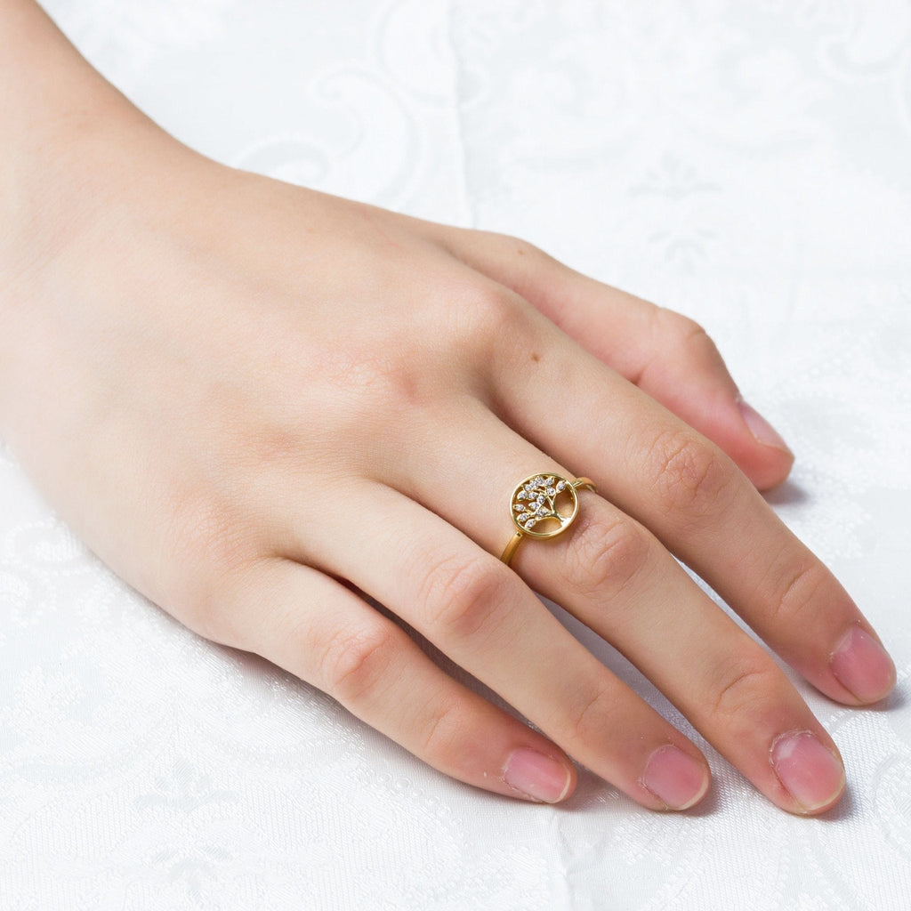 18k Gold Plated Adjustable Tree of Life Ring Created with Zircondia® Crystals