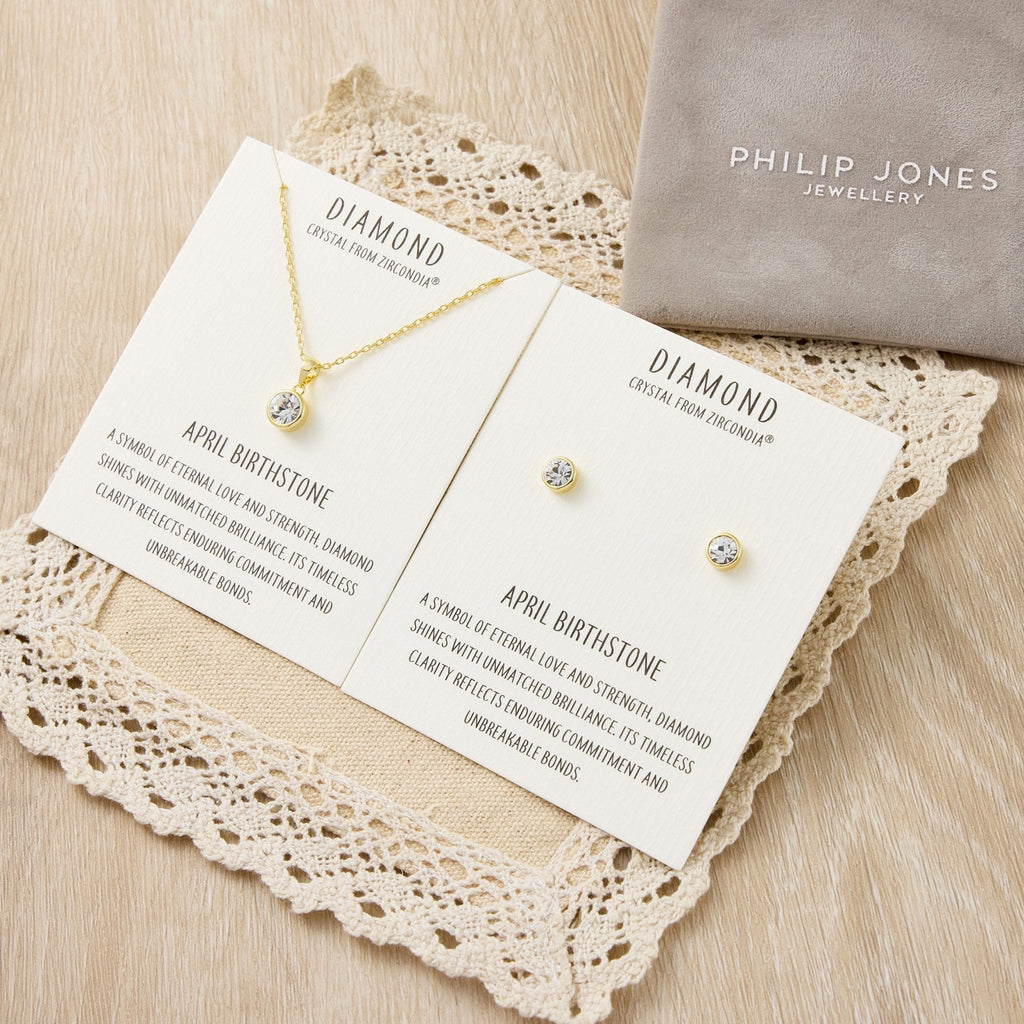 18k Gold Plated April (Diamond) Birthstone Necklace & Earrings Set Created with Zircondia® Crystals
