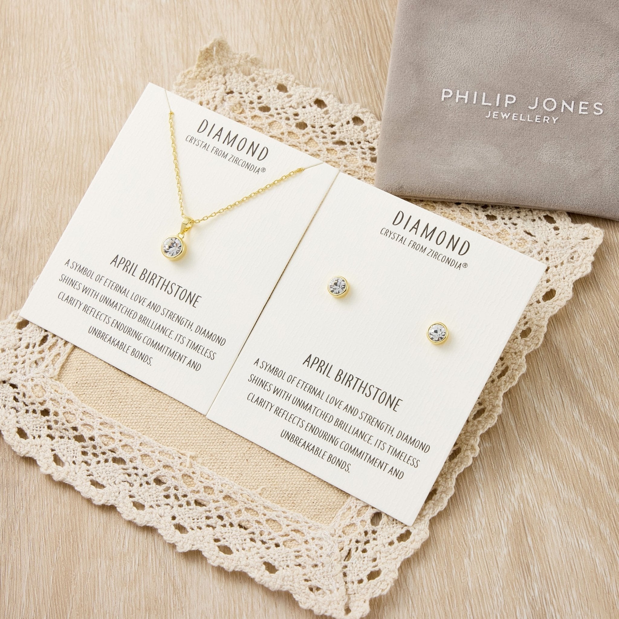 18k Gold Plated April (Diamond) Birthstone Necklace & Earrings Set Created with Zircondia® Crystals
