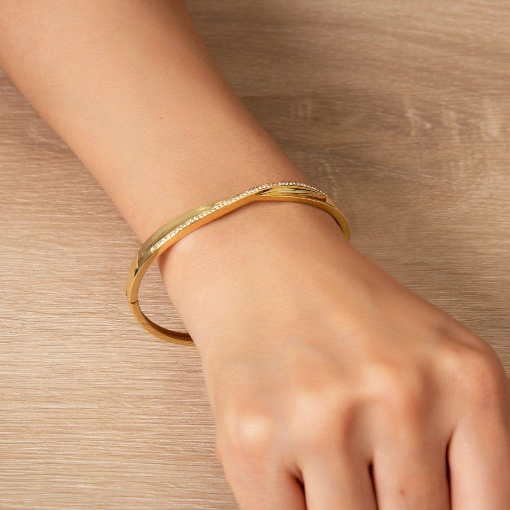 18k Gold Plated Arc Bangle Created with Zircondia® Crystals (7 Inch)