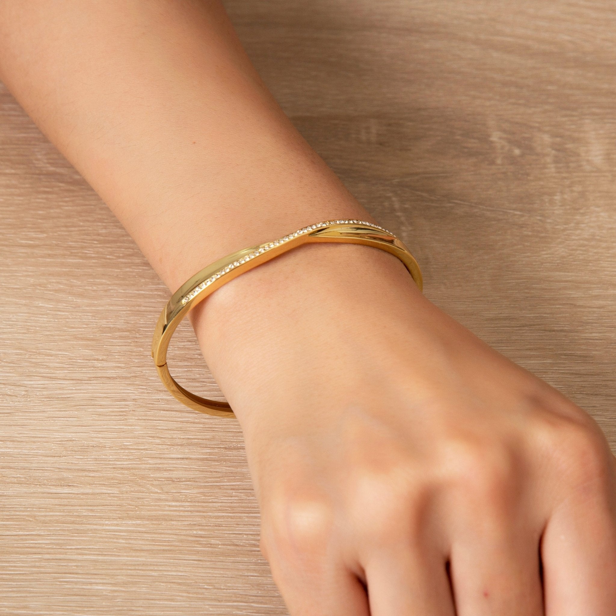 18k Gold Plated Arc Bangle Created with Zircondia® Crystals (7 Inch)