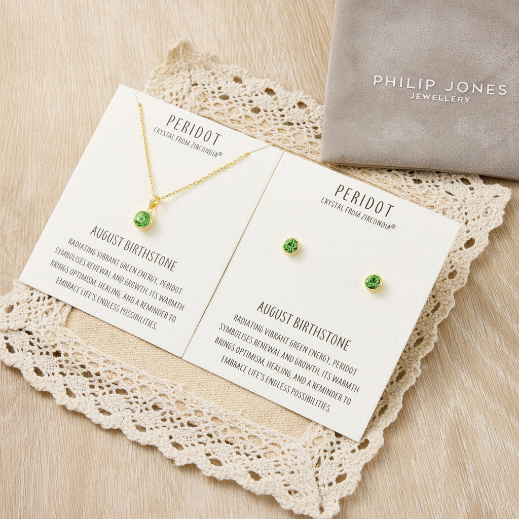 18k Gold Plated August (Peridot) Birthstone Necklace & Earrings Set Created with Zircondia® Crystals