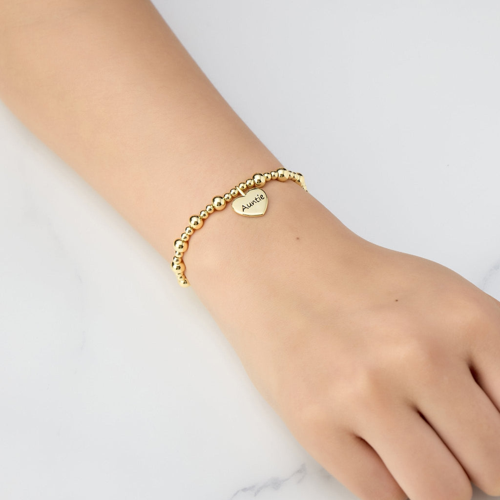 18k Gold Plated Auntie Heart Charm Beaded Stretch Bracelet