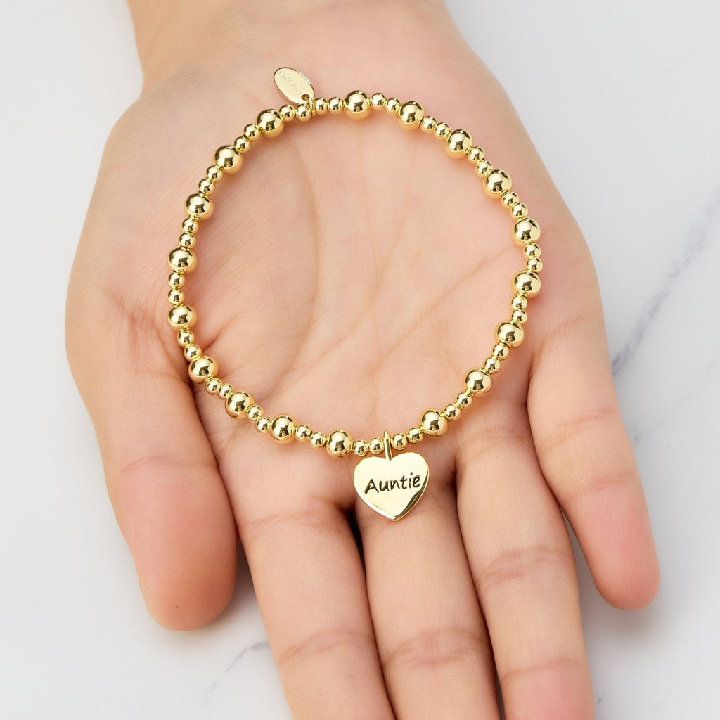 18k Gold Plated Auntie Heart Charm Beaded Stretch Bracelet