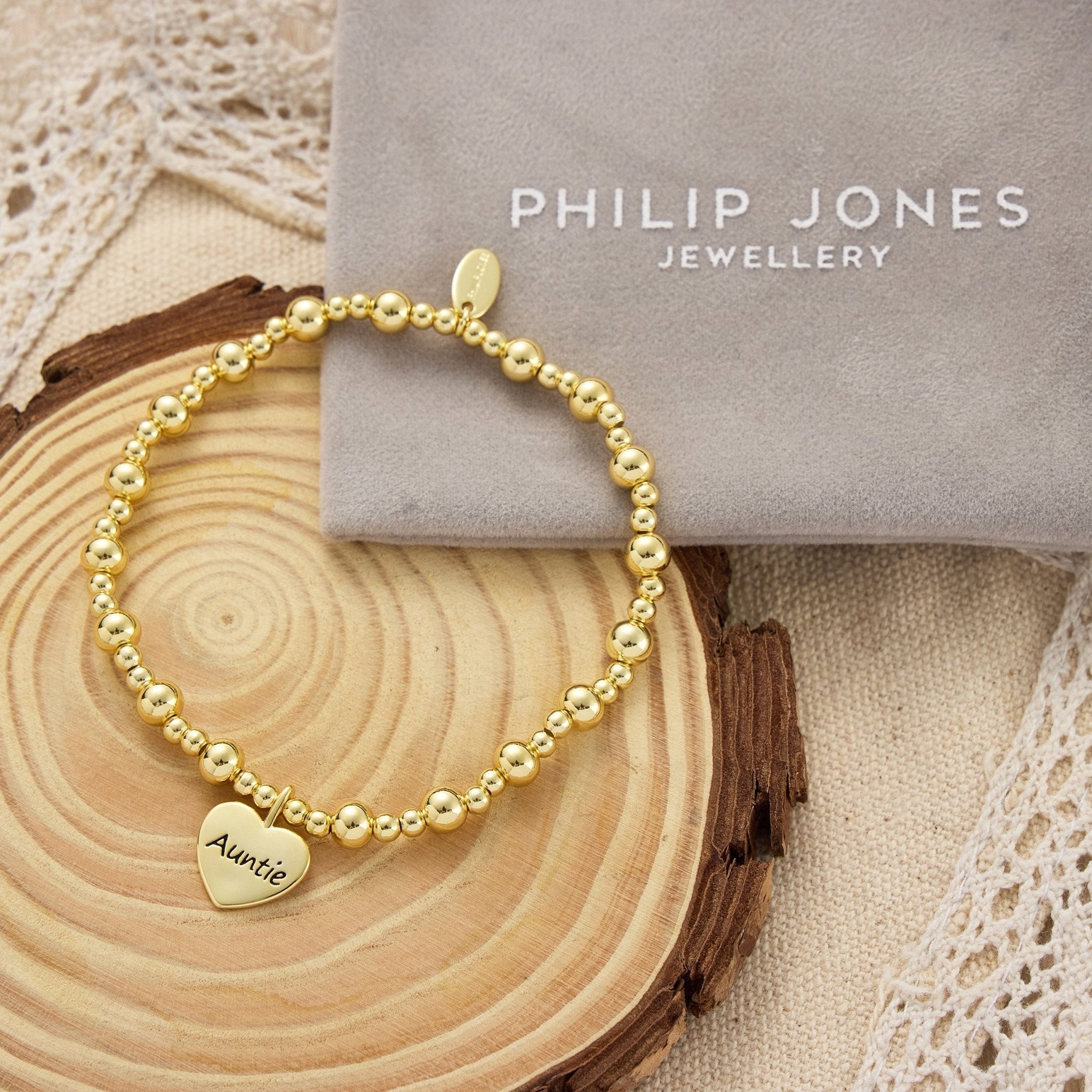 18k Gold Plated Auntie Heart Charm Beaded Stretch Bracelet