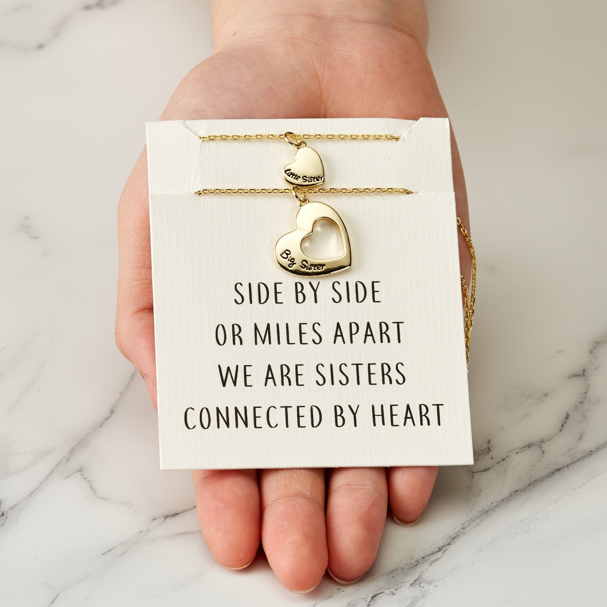 18k Gold Plated Big Sister and Little Sister Necklace Set with Quote Card