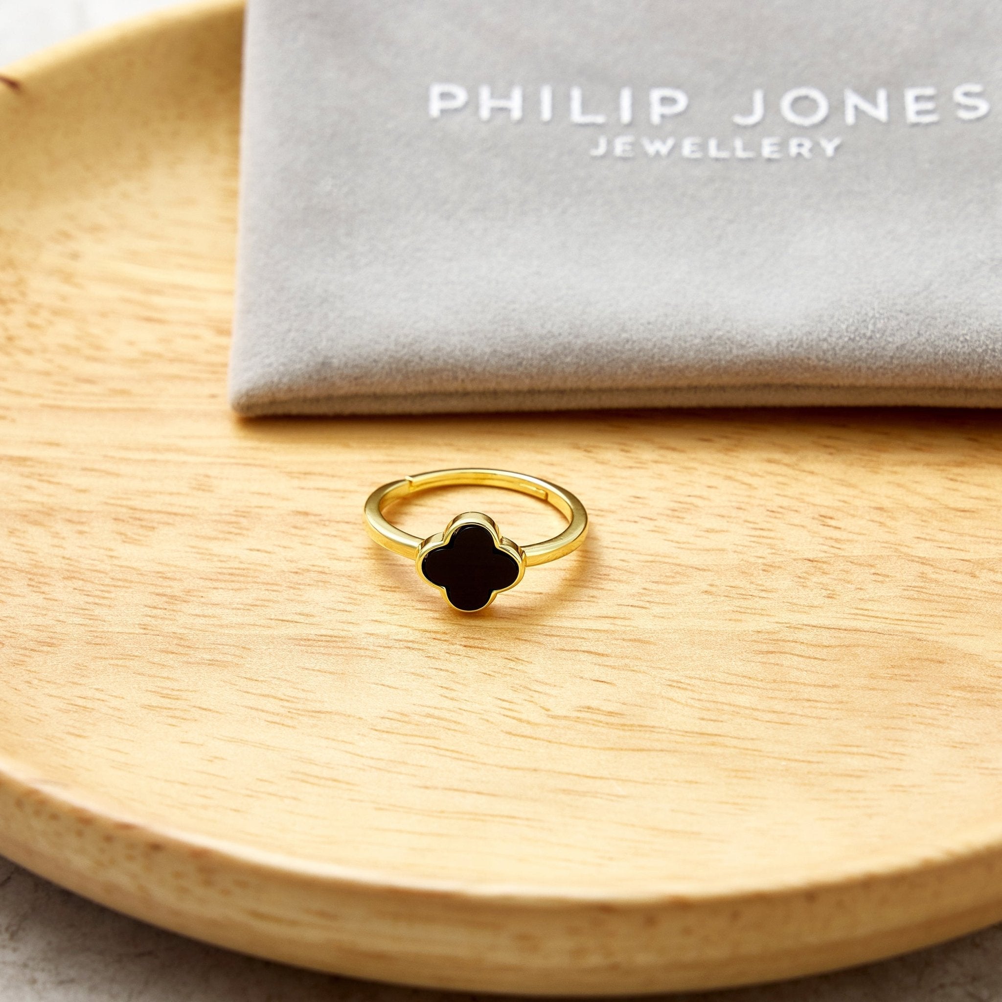 18k Gold Plated Black Onyx Gemstone Adjustable Clover Ring