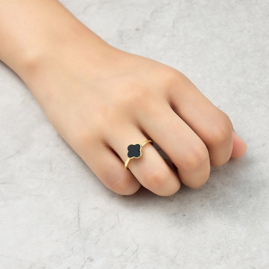 18k Gold Plated Black Onyx Gemstone Adjustable Clover Ring