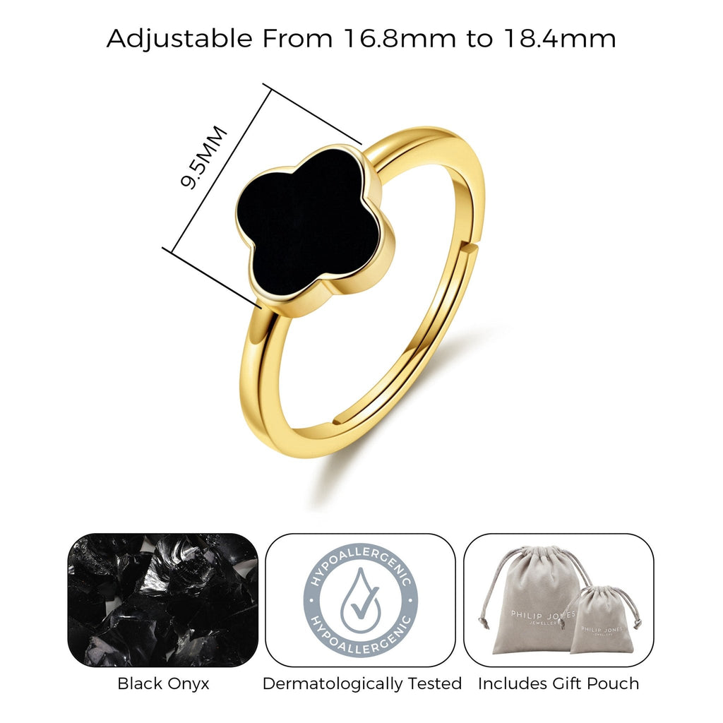 18k Gold Plated Black Onyx Gemstone Adjustable Clover Ring