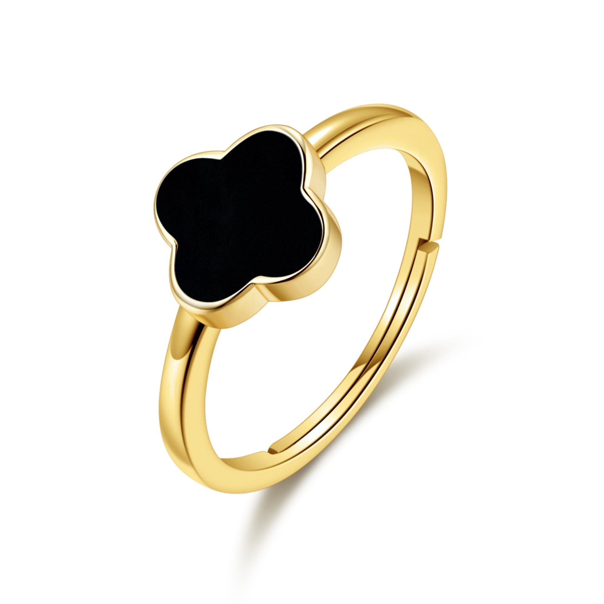 18k Gold Plated Black Onyx Gemstone Adjustable Clover Ring