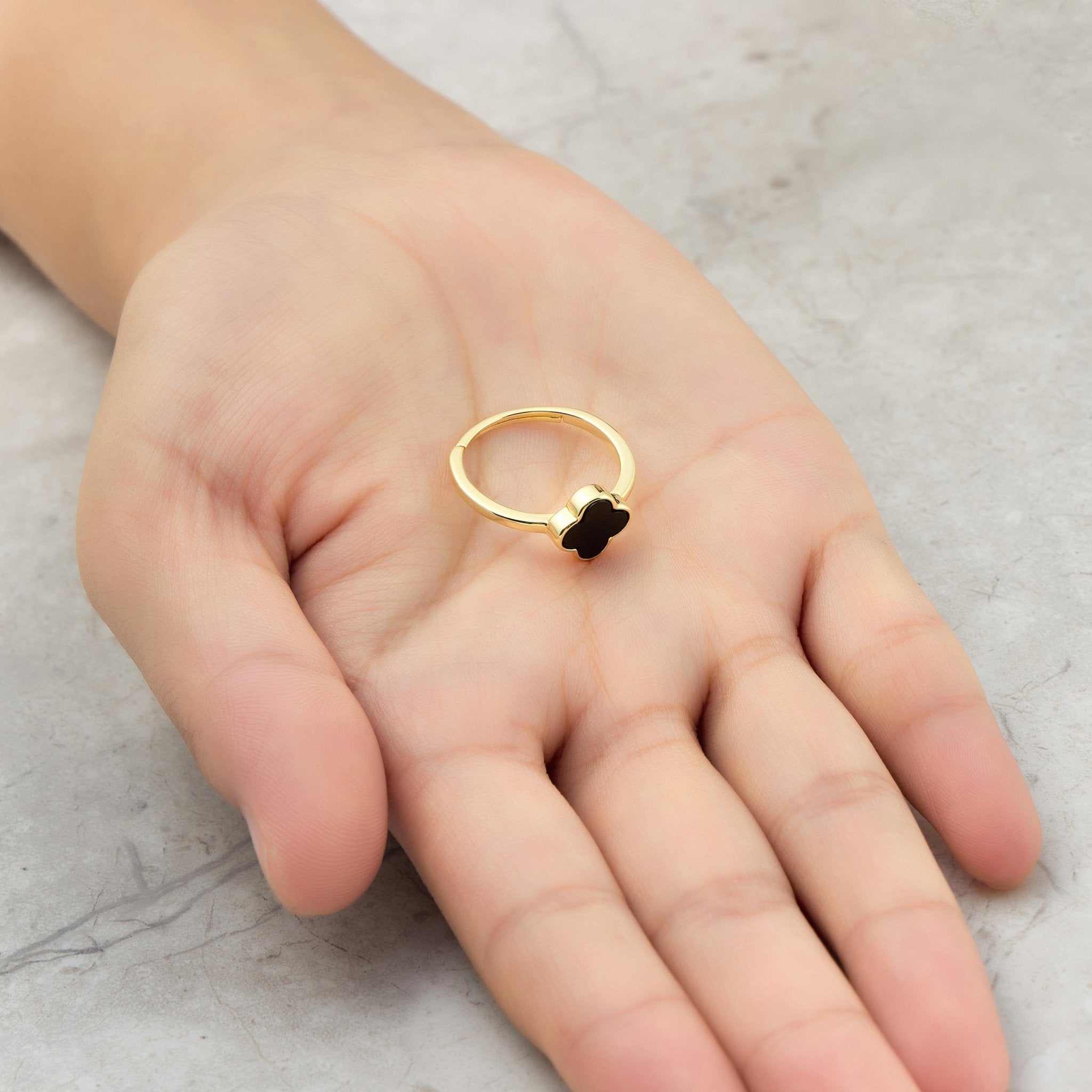 18k Gold Plated Black Onyx Gemstone Adjustable Clover Ring