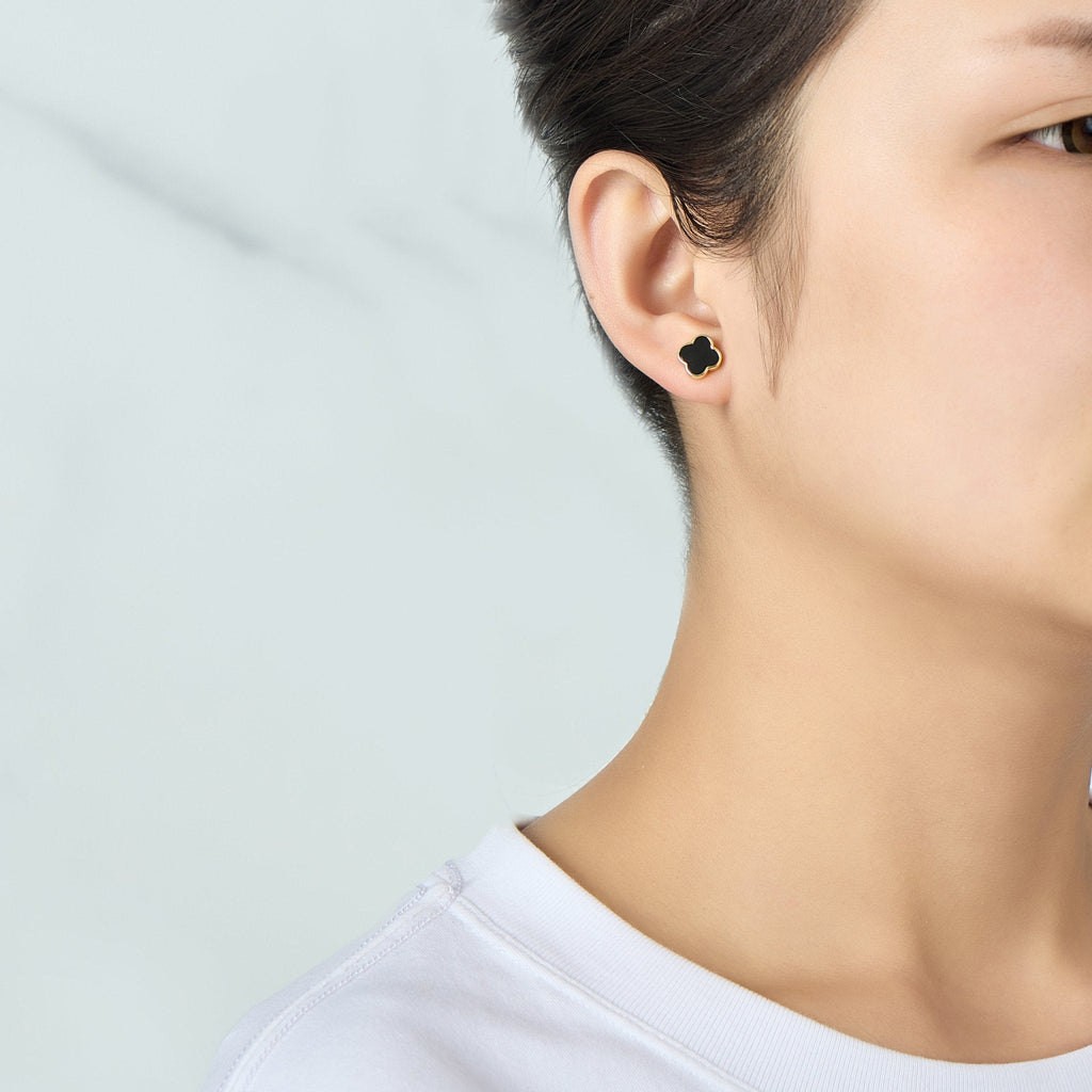 18k Gold Plated Black Onyx Gemstone Clover Earrings