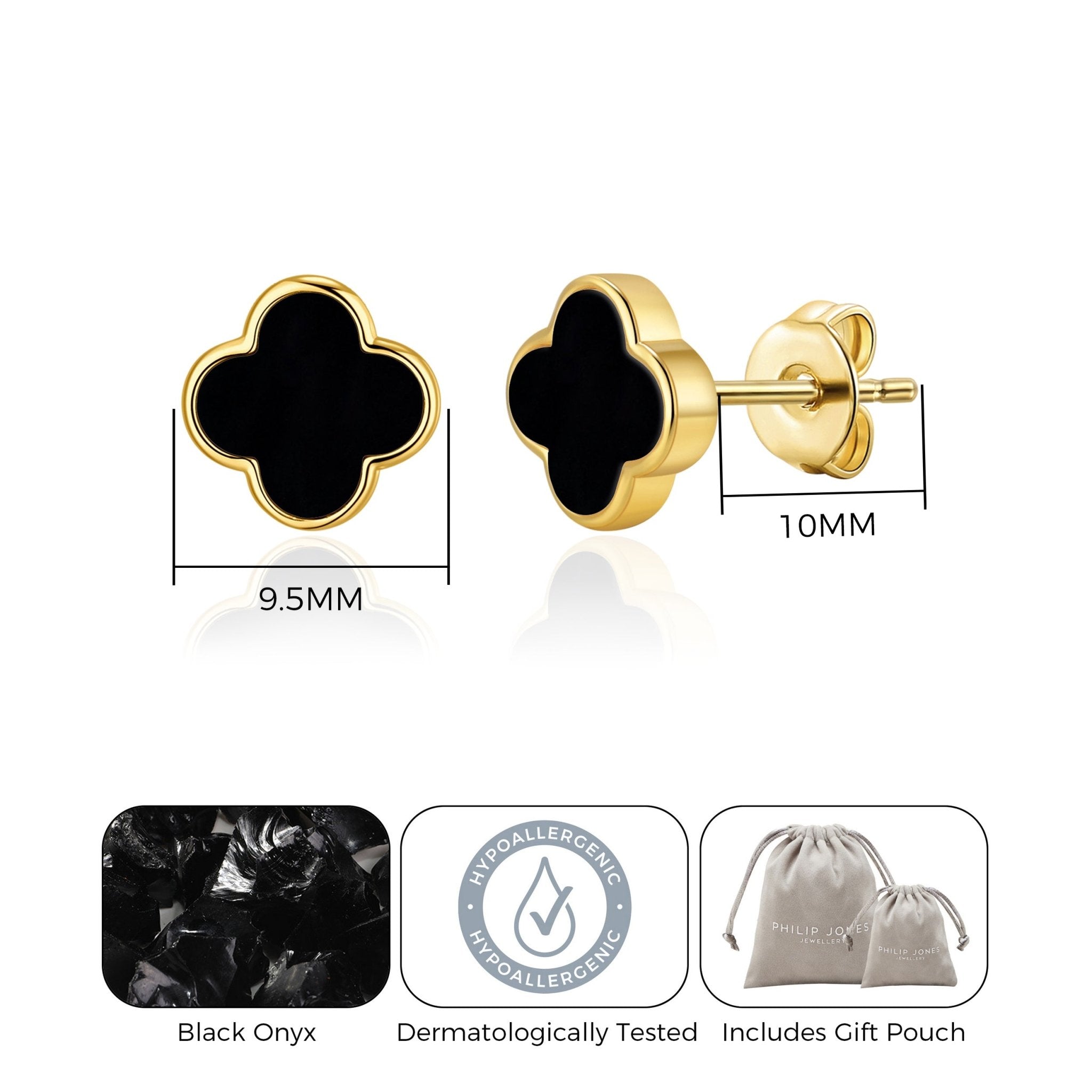 18k Gold Plated Black Onyx Gemstone Clover Earrings