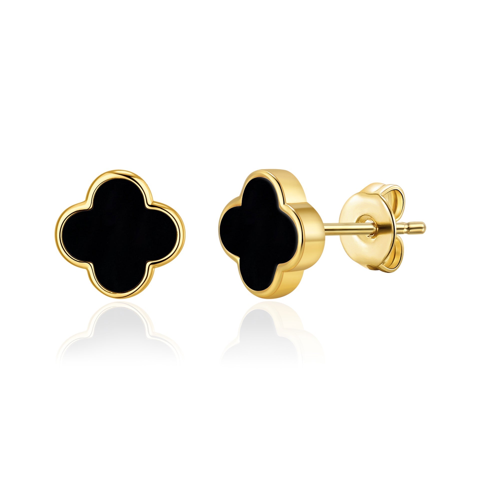 18k Gold Plated Black Onyx Gemstone Clover Earrings