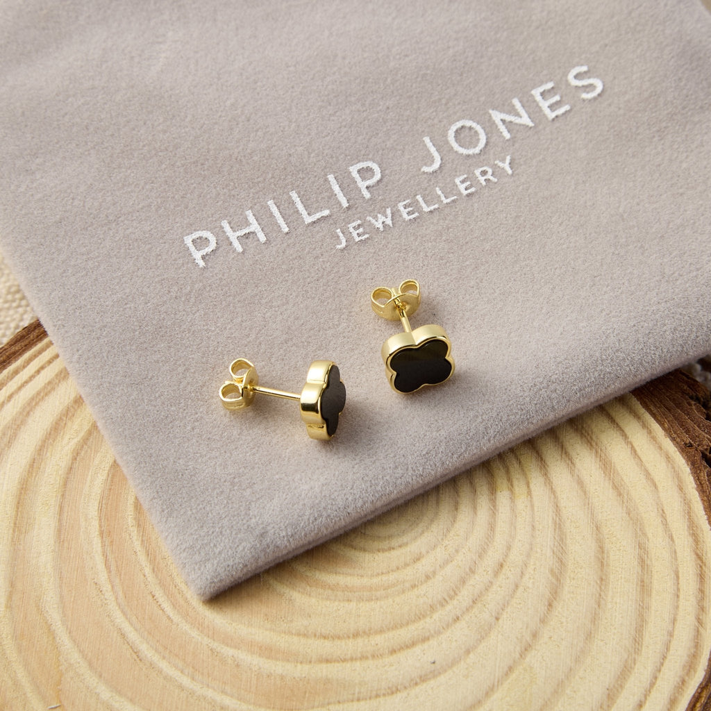 18k Gold Plated Black Onyx Gemstone Clover Earrings