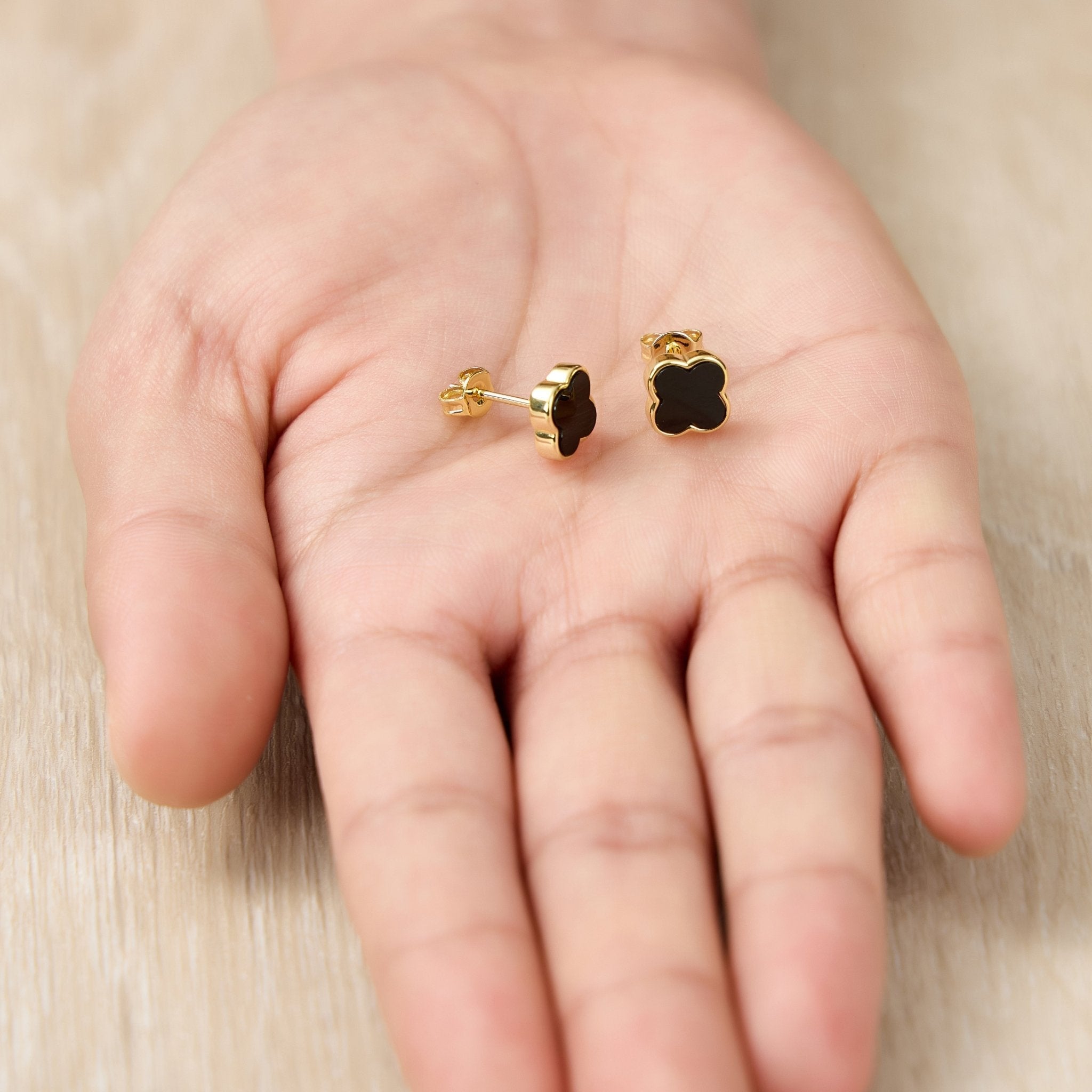 18k Gold Plated Black Onyx Gemstone Clover Earrings