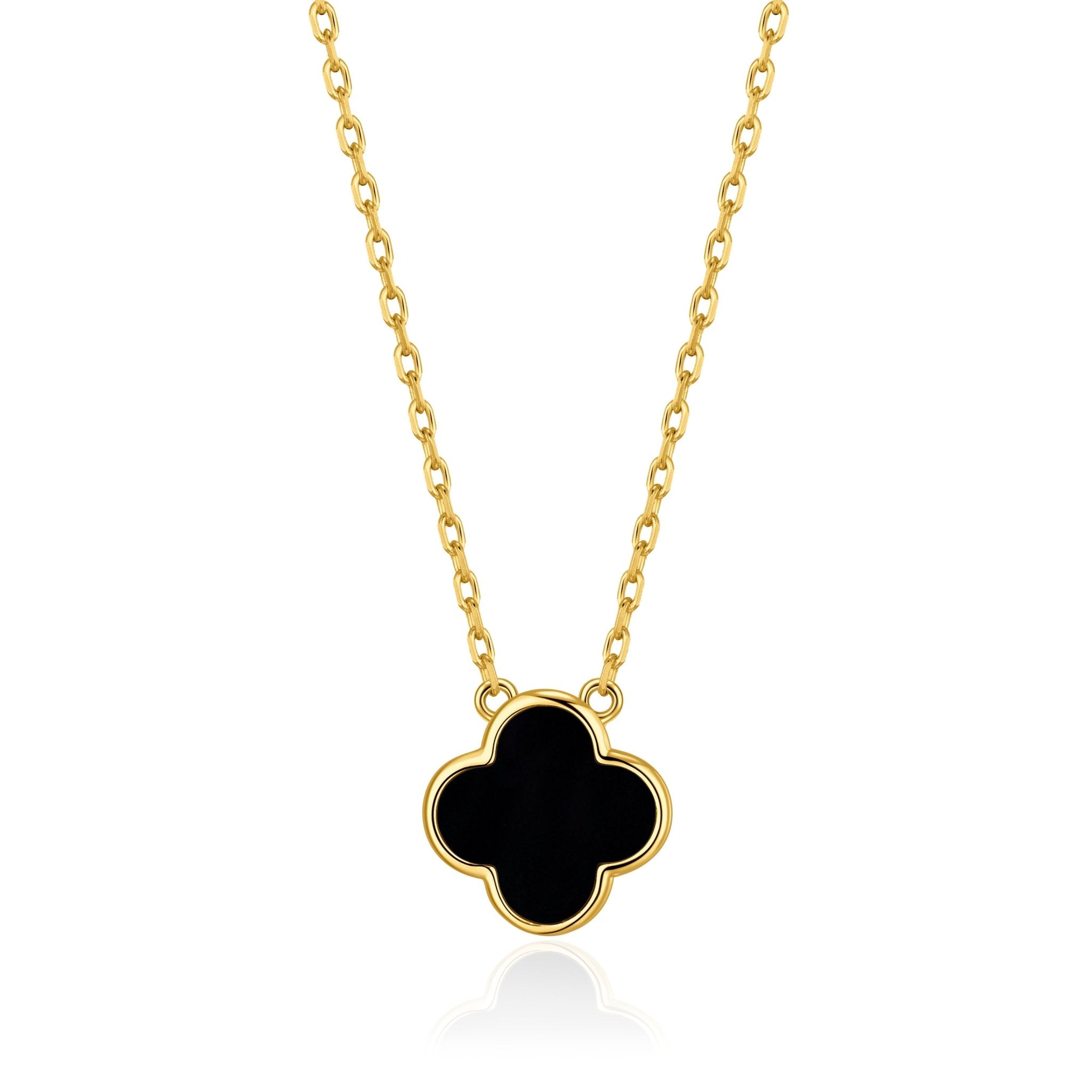 18k Gold Plated Black Onyx Gemstone Clover Necklace