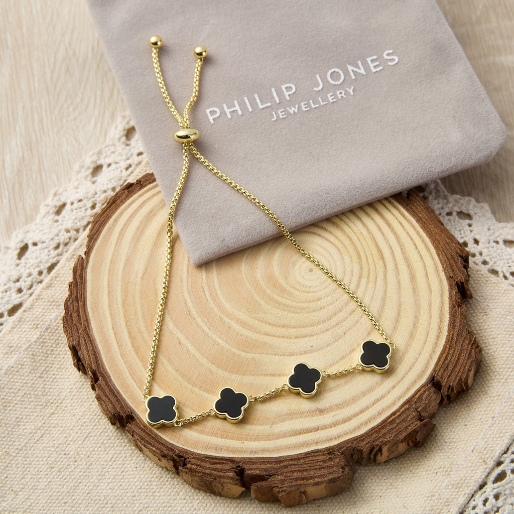18k Gold Plated Black Onyx Multi Clover Friendship Slider Bracelet