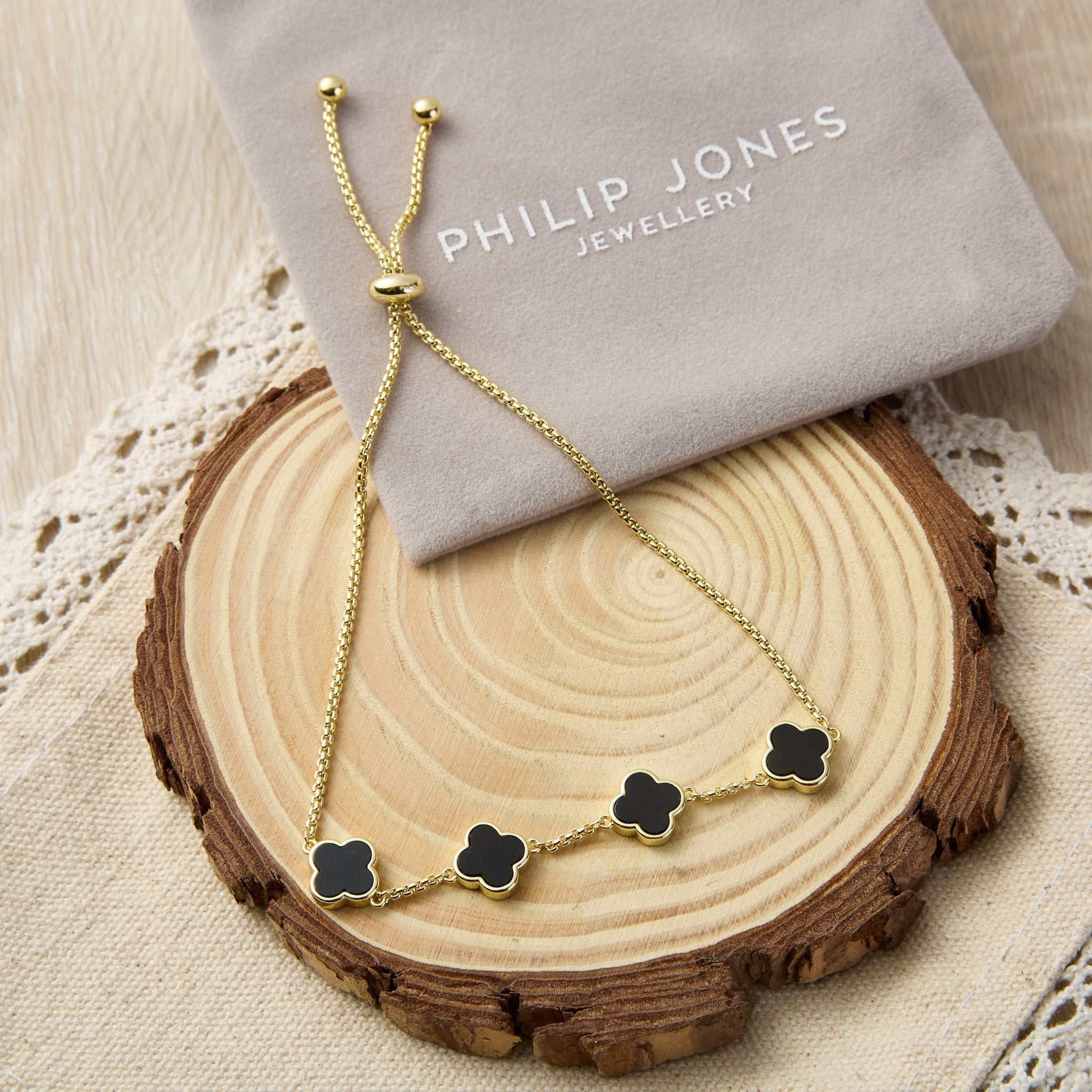 18k Gold Plated Black Onyx Multi Clover Friendship Slider Bracelet