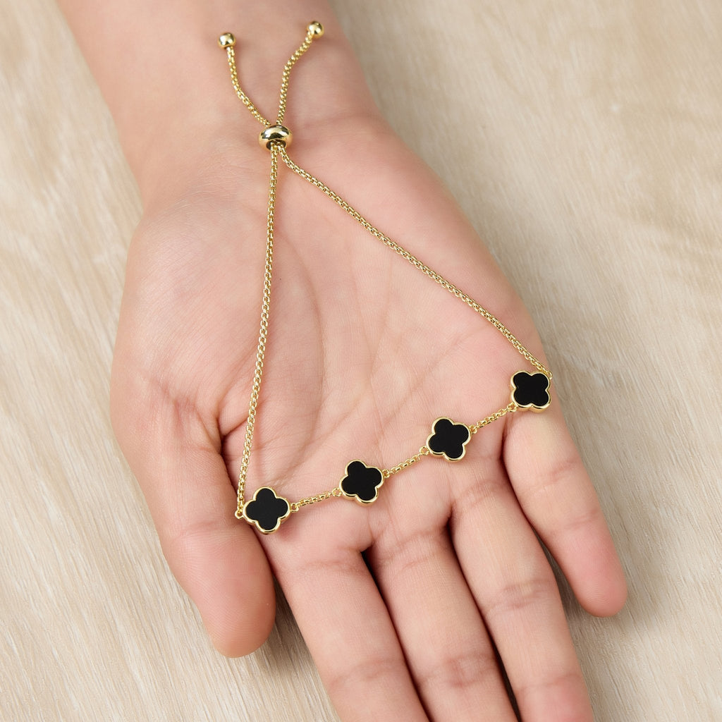 18k Gold Plated Black Onyx Multi Clover Friendship Slider Bracelet
