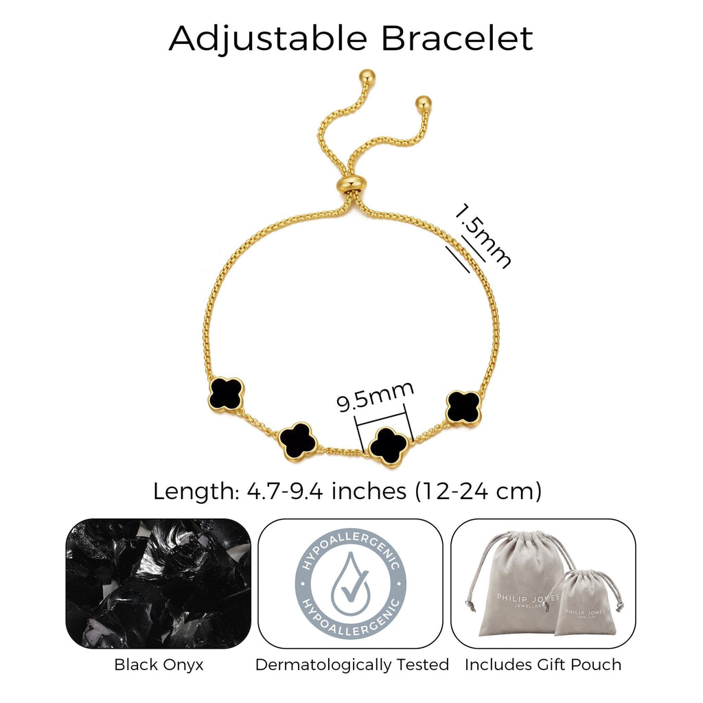 18k Gold Plated Black Onyx Multi Clover Friendship Slider Bracelet