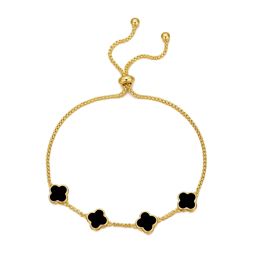 18k Gold Plated Black Onyx Multi Clover Friendship Slider Bracelet