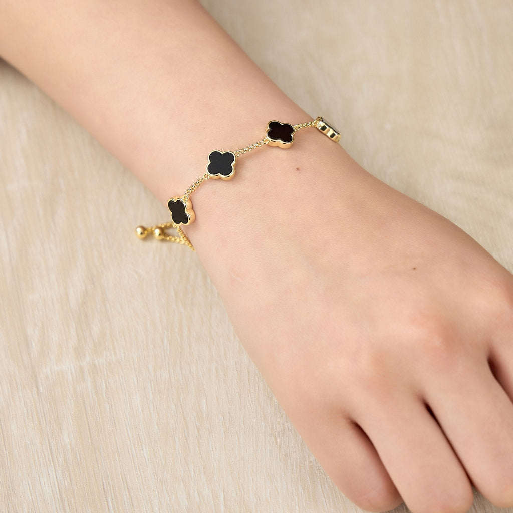 18k Gold Plated Black Onyx Multi Clover Friendship Slider Bracelet