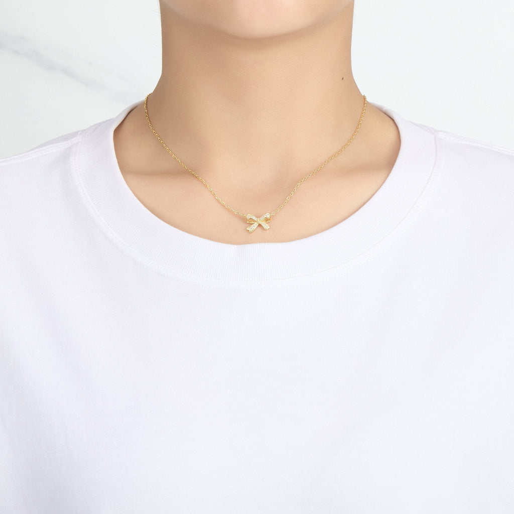 18k Gold Plated Bow Necklace Created with Zircondia® Crystals