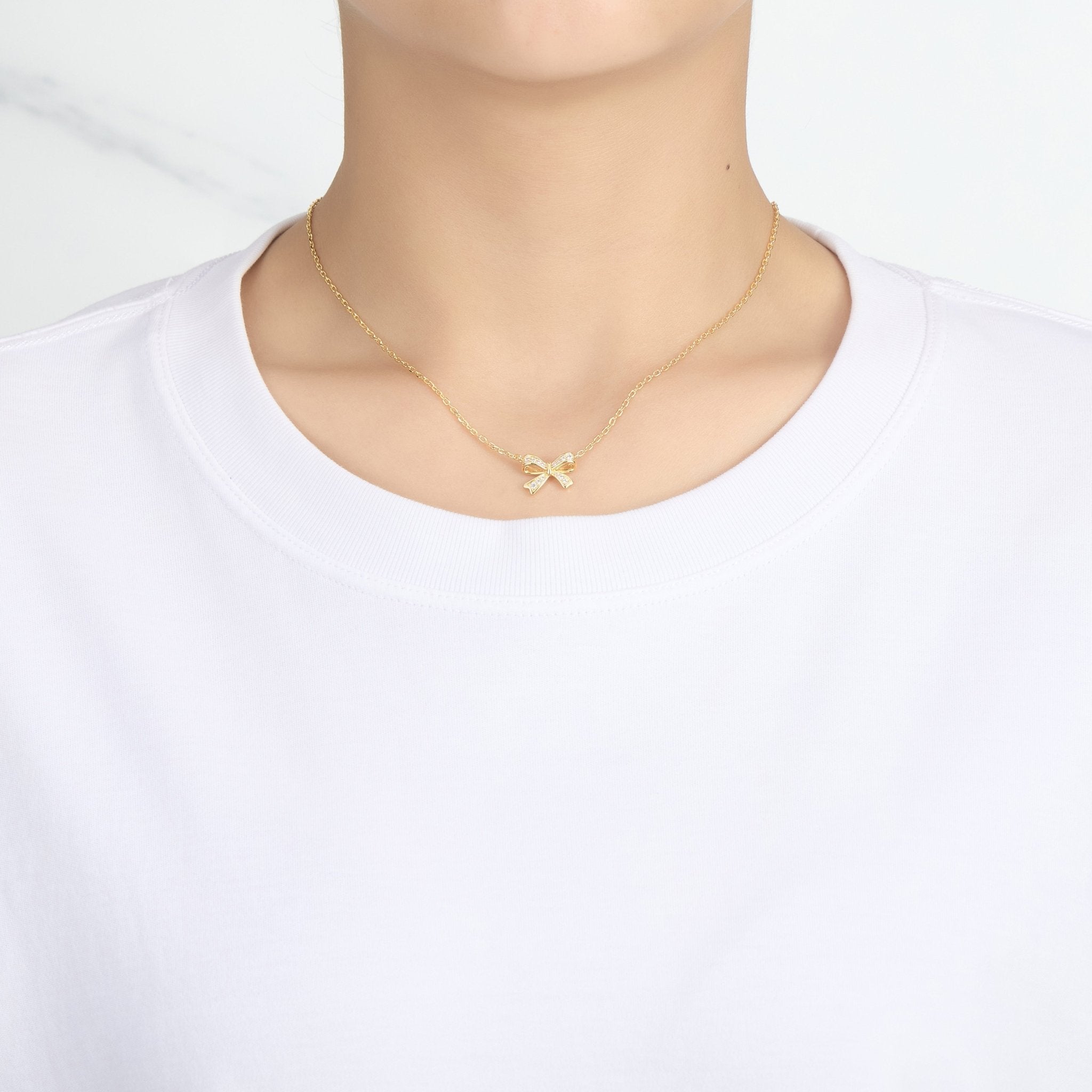 18k Gold Plated Bow Necklace Created with Zircondia® Crystals