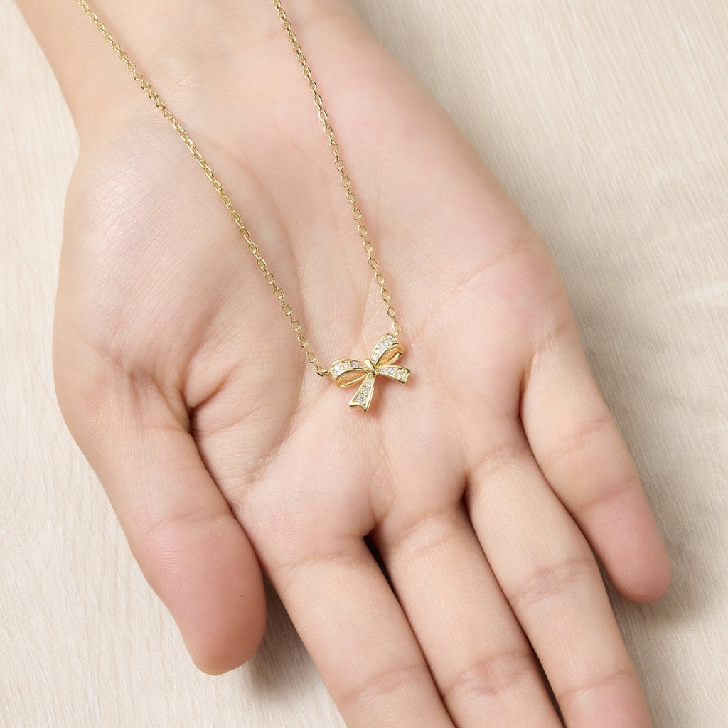 18k Gold Plated Bow Necklace Created with Zircondia® Crystals
