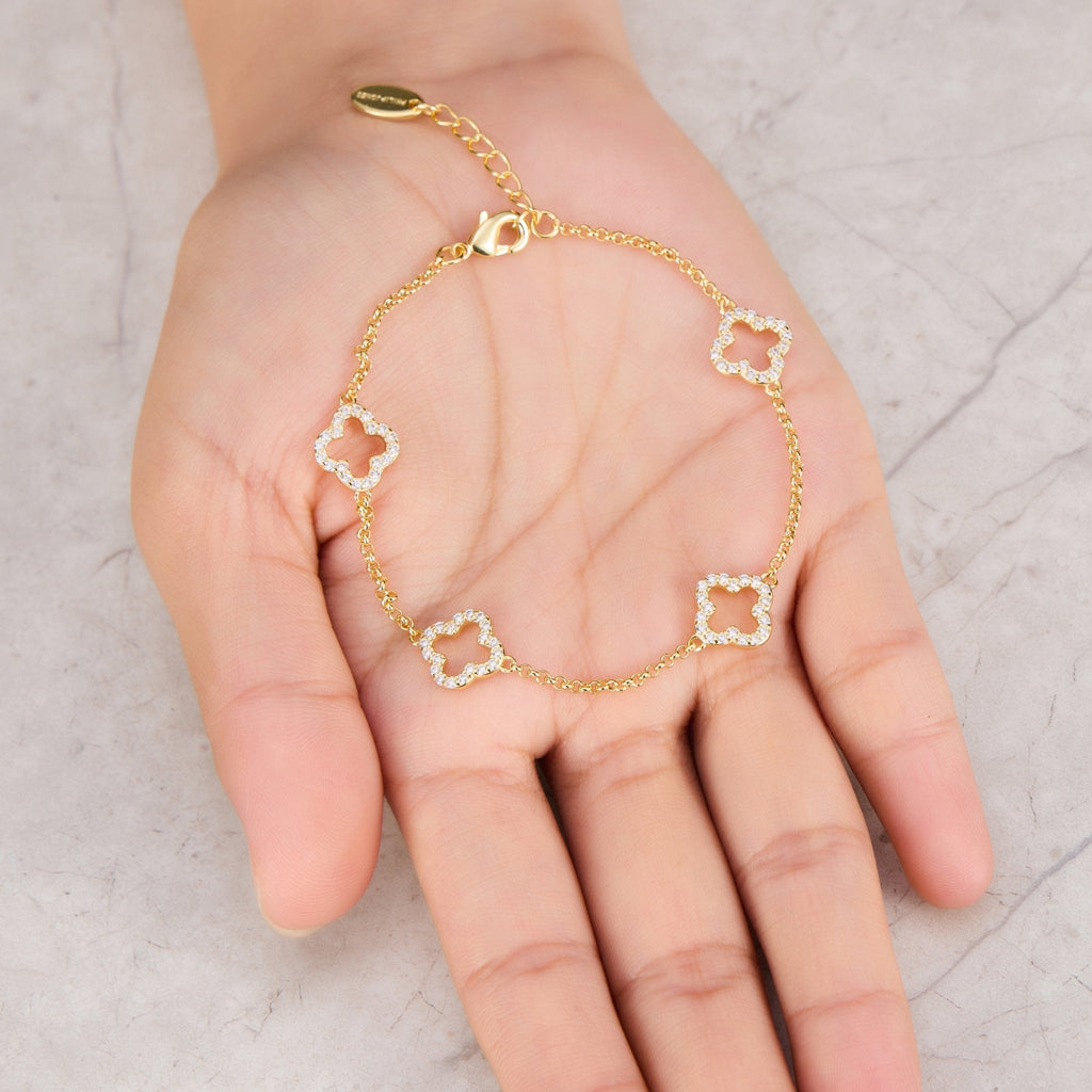 18k Gold Plated Clover Bracelet Created with Zircondia® Crystals