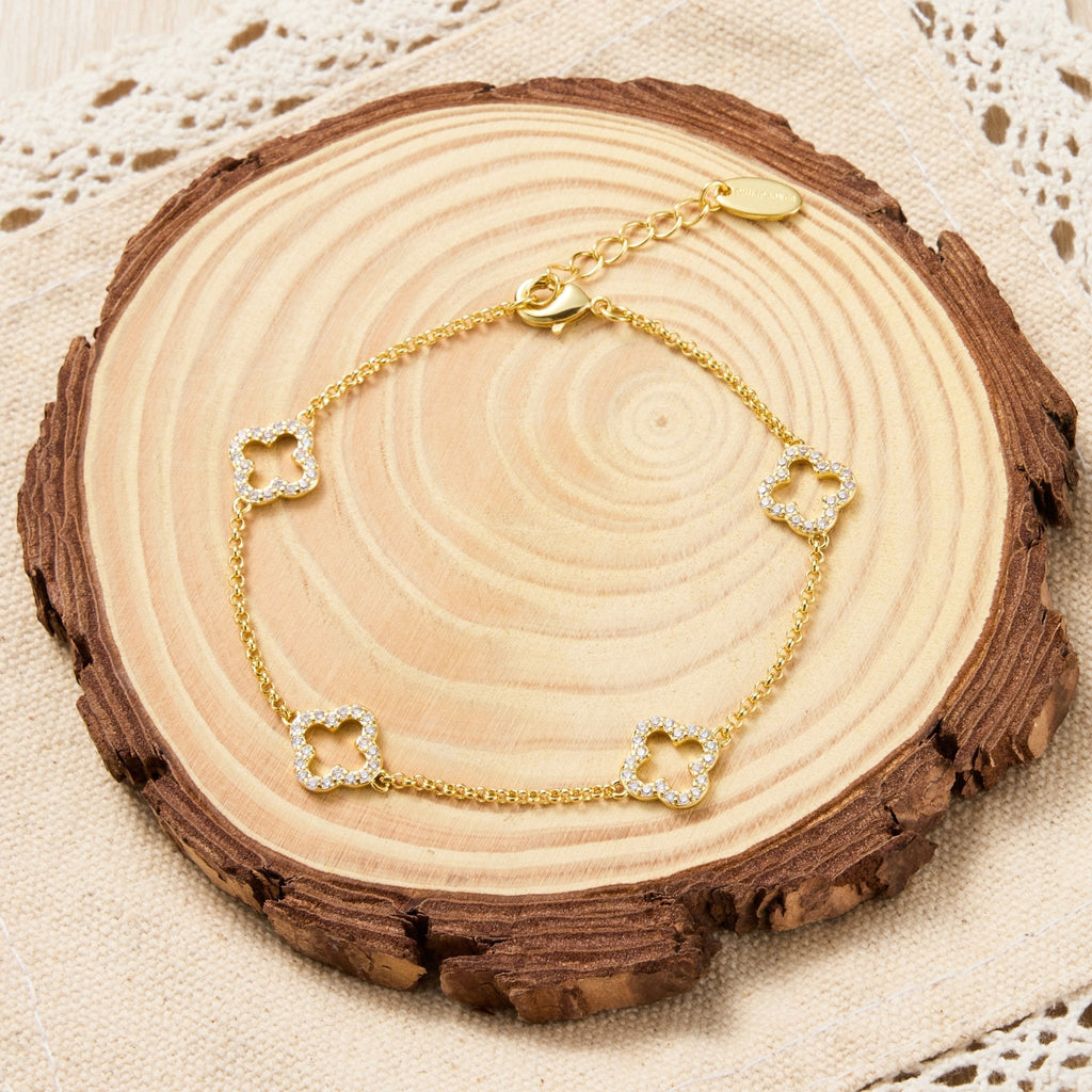 18k Gold Plated Clover Bracelet Created with Zircondia® Crystals