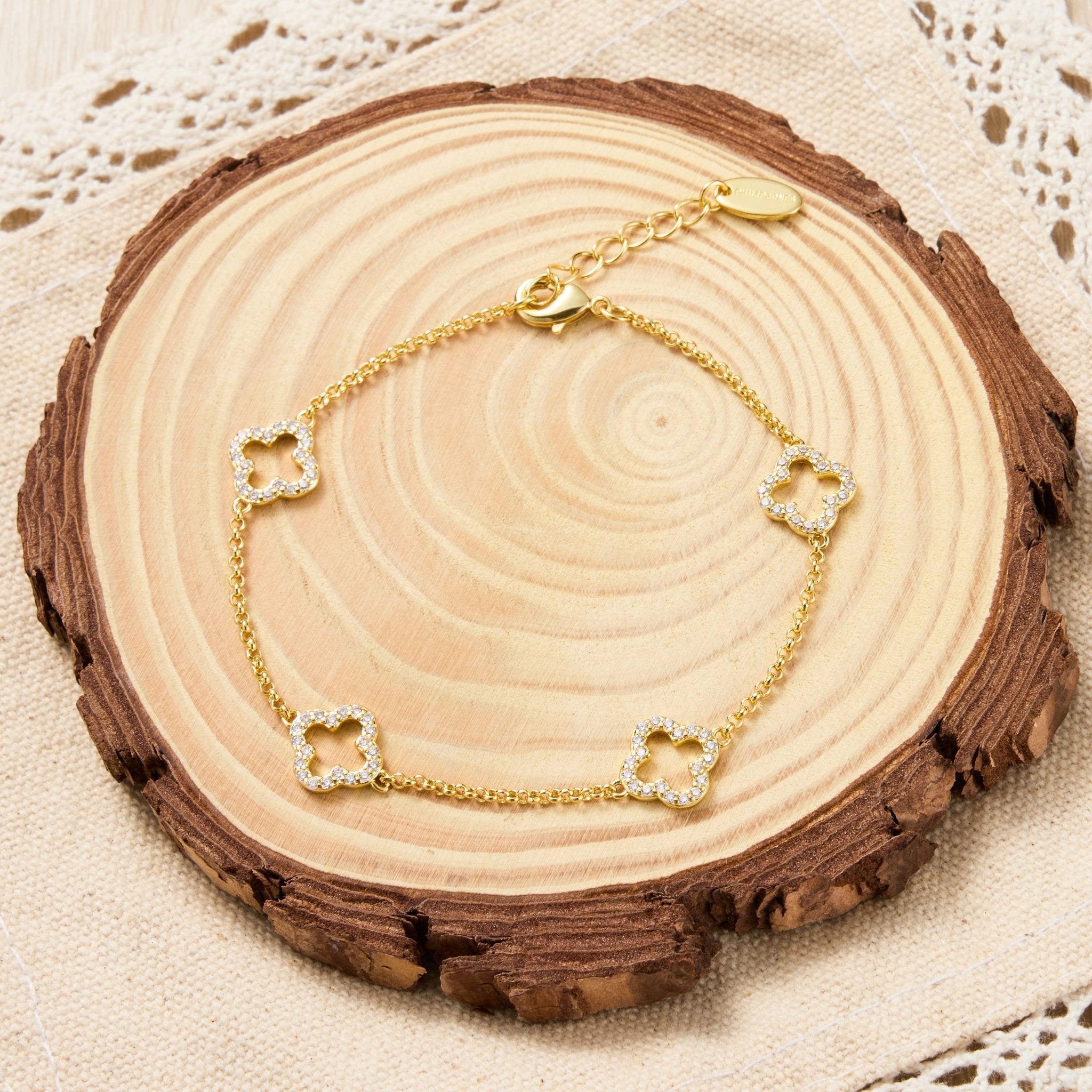 18k Gold Plated Clover Bracelet Created with Zircondia® Crystals