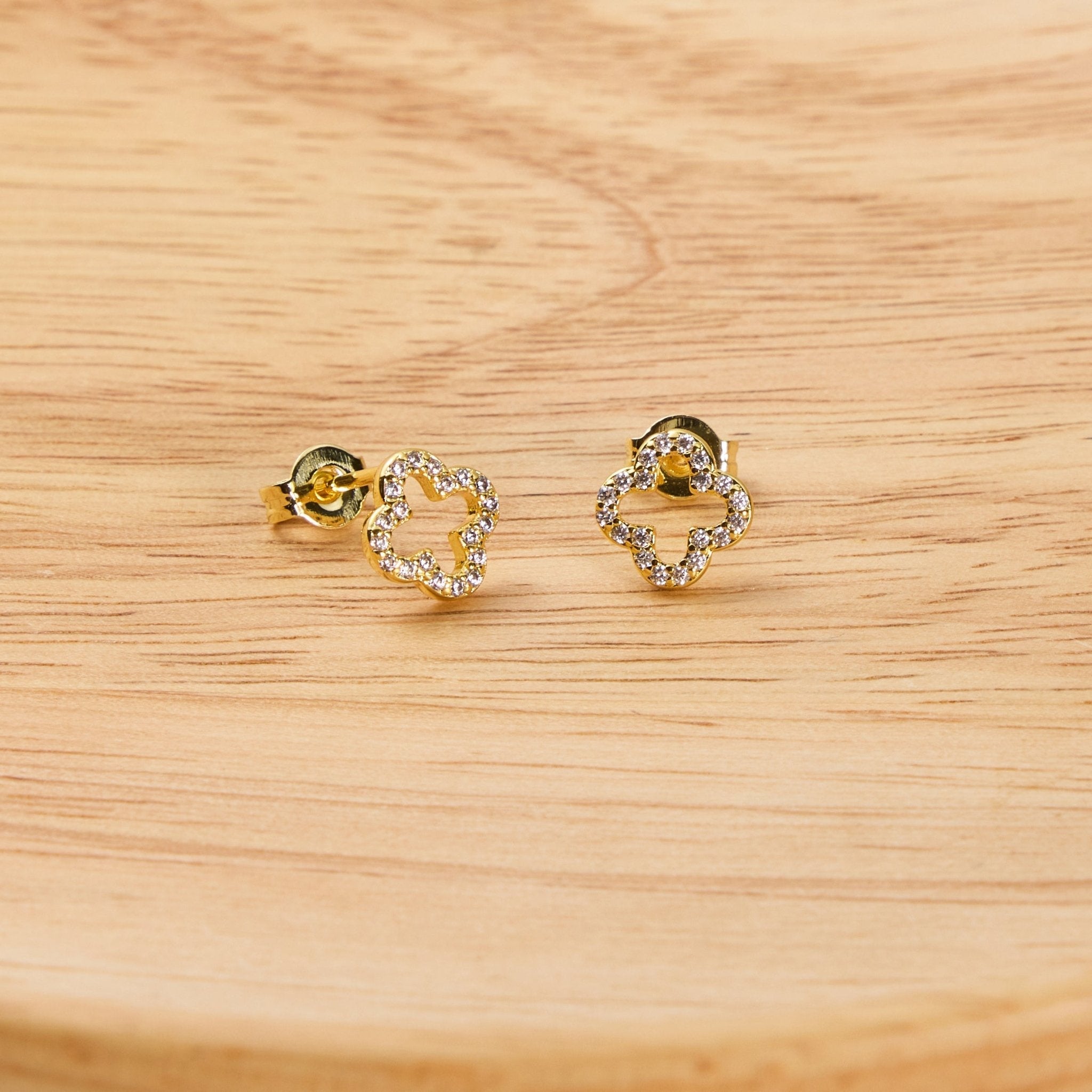 18k Gold Plated Clover Earrings Created with Zircondia® Crystals