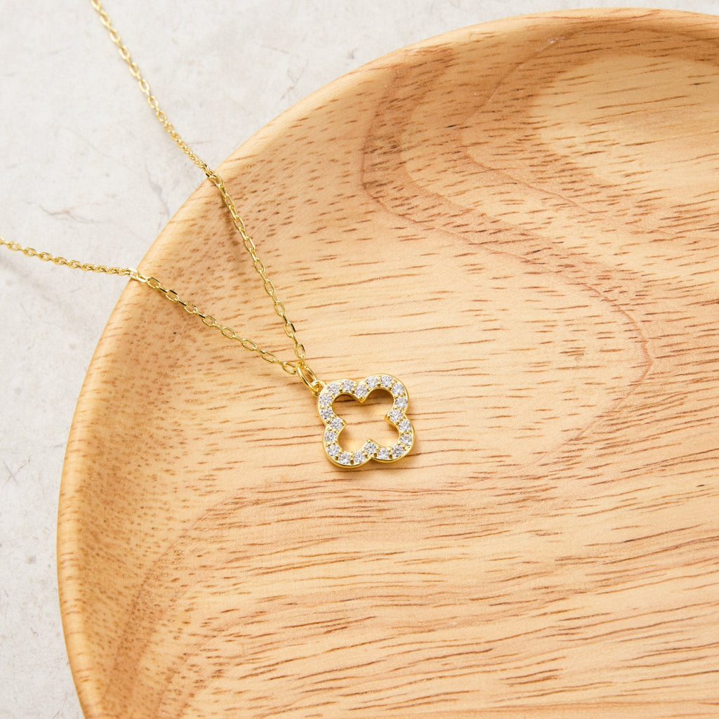 18k Gold Plated Clover Necklace Created with Zircondia® Crystals
